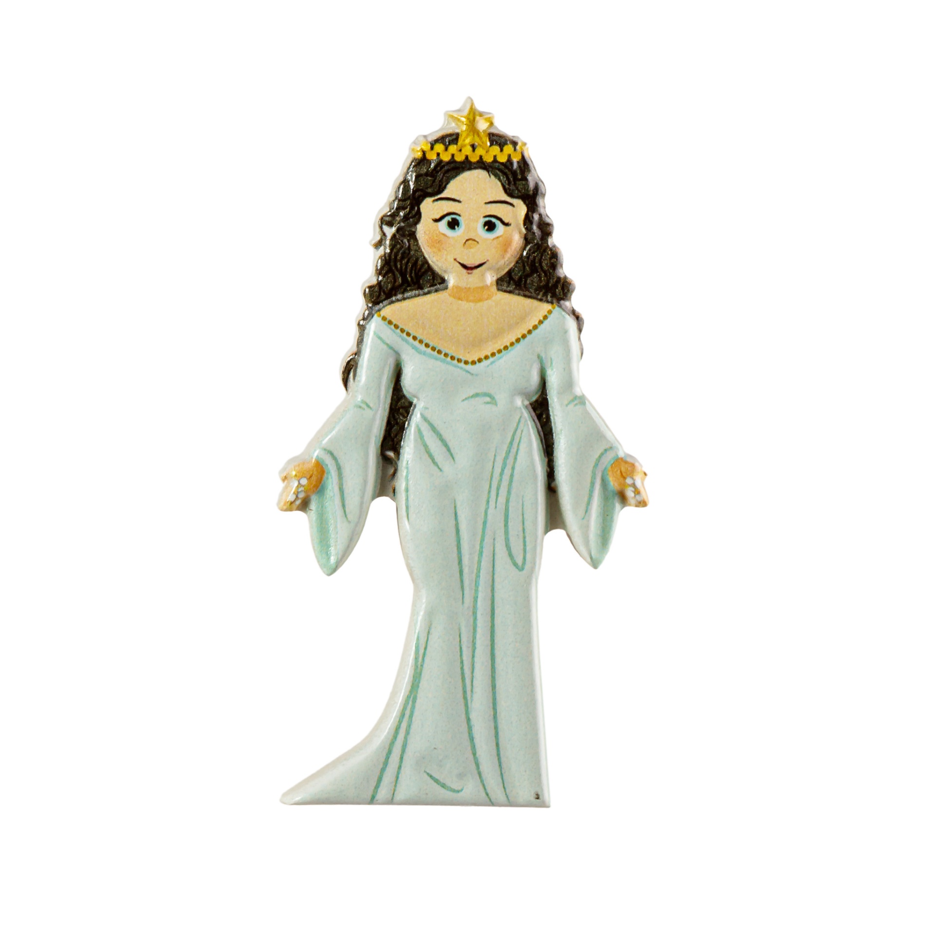Figura decorativa de princesa com vestido verde e coroa amarela