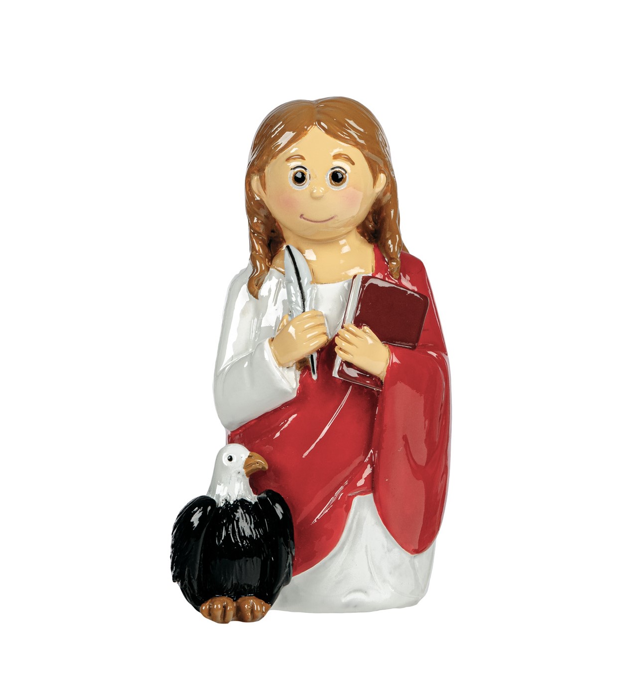 Figura decorativa de personagem com livro e águia em cerâmica colorida