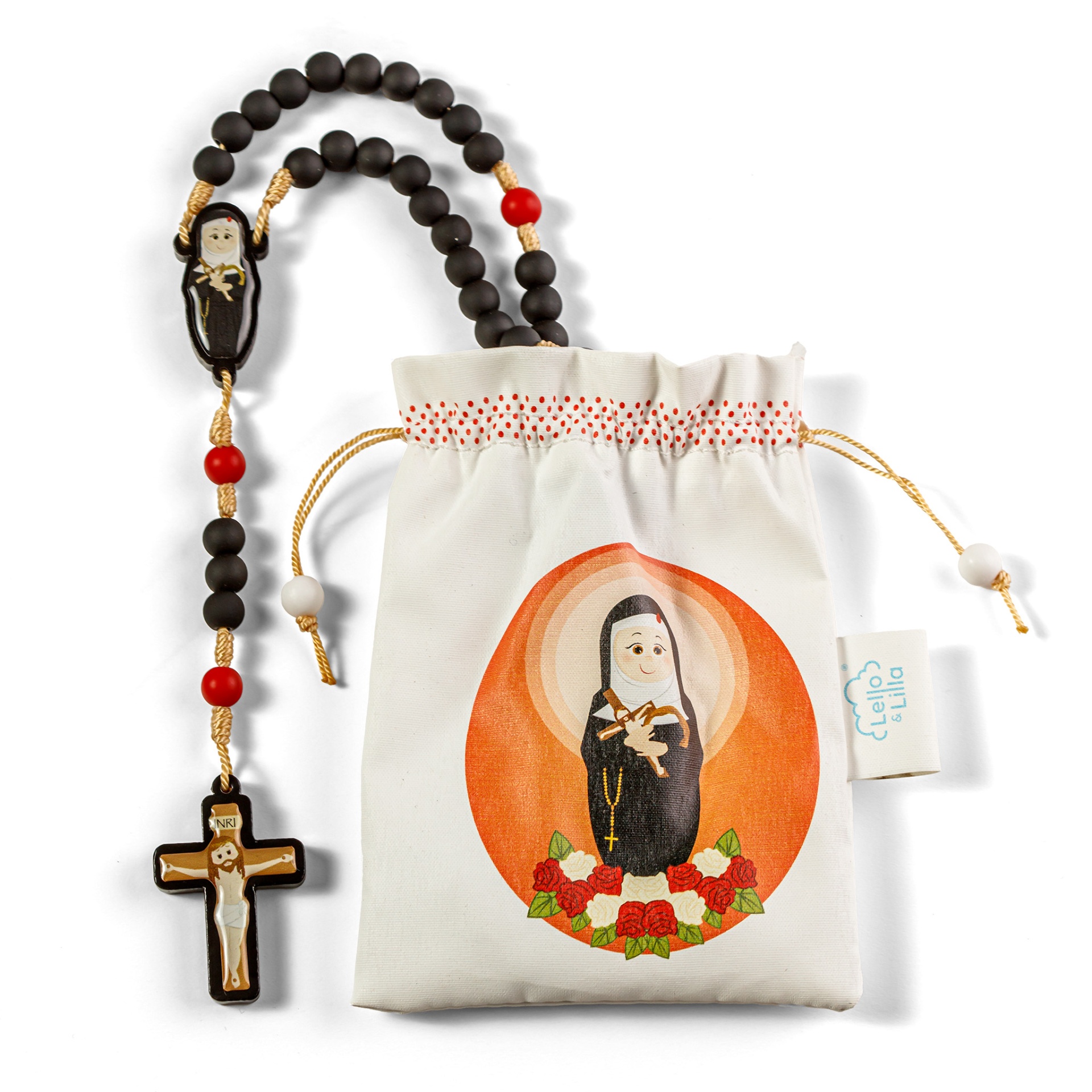 Colar religioso com contas, crucifixo e saquinho ilustrado de Santa Teresinha