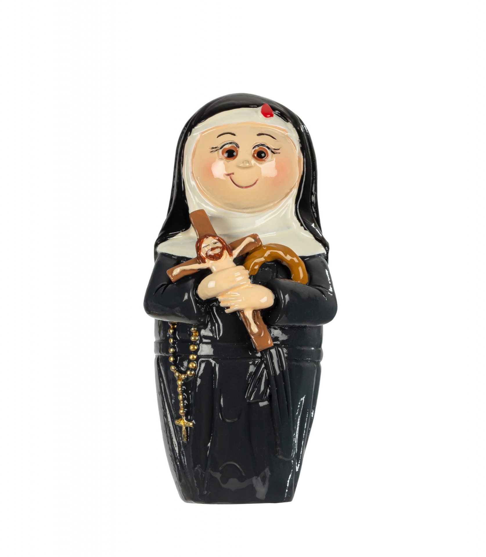 Figura decorativa de cerâmica de freira com crucifixo e rosário
