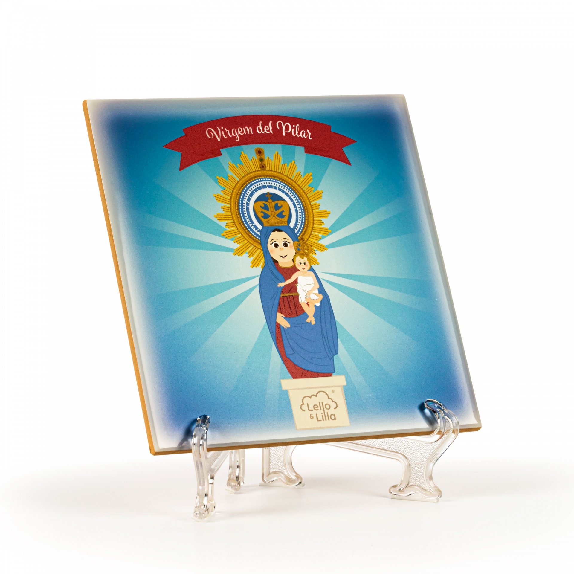 Azulejo com imagem da Virgem del Pilar em fundo azul com texto 'Virgen del Pilar'