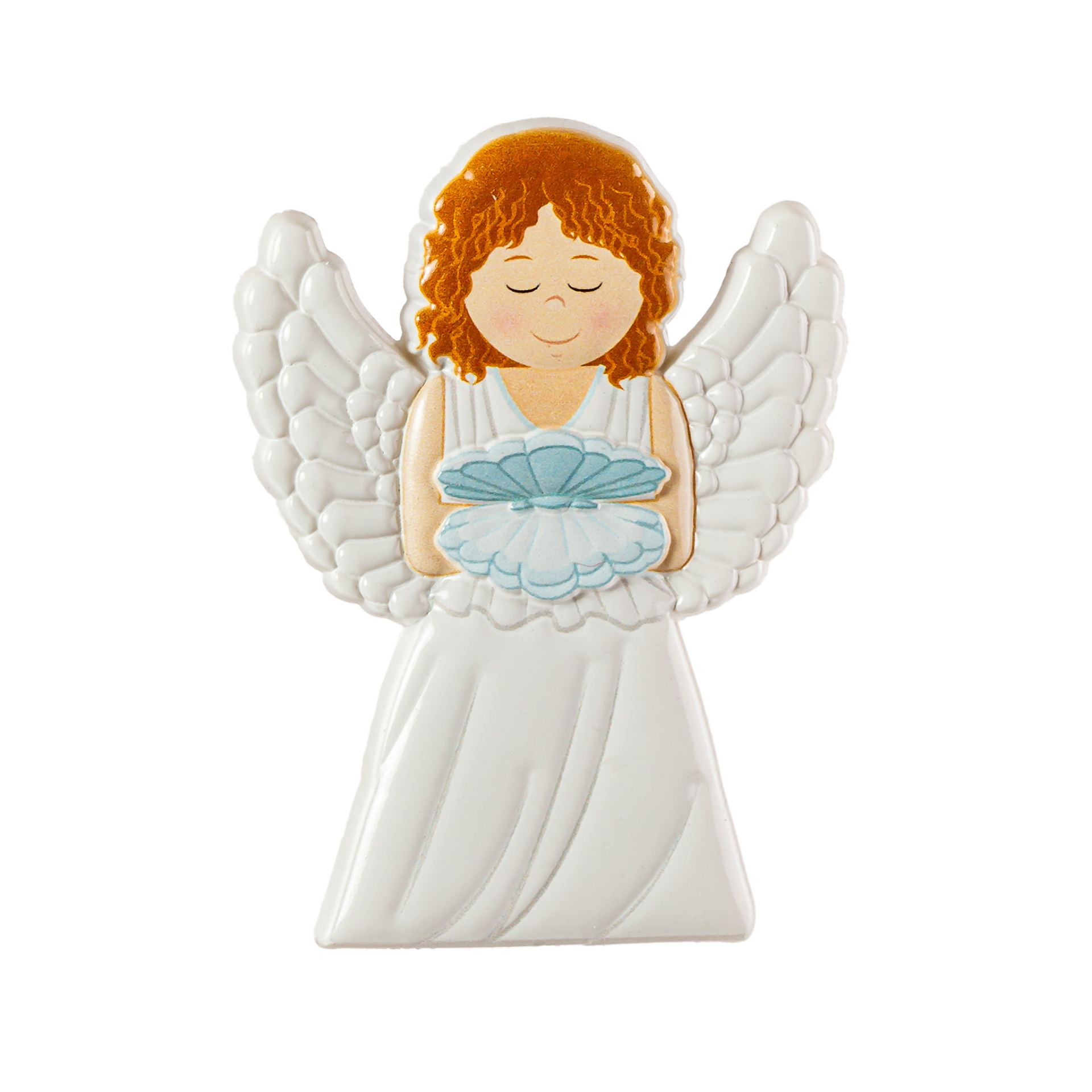 Figura decorativa de anjo com vestido branco e asas brancas segurando objeto azul claro