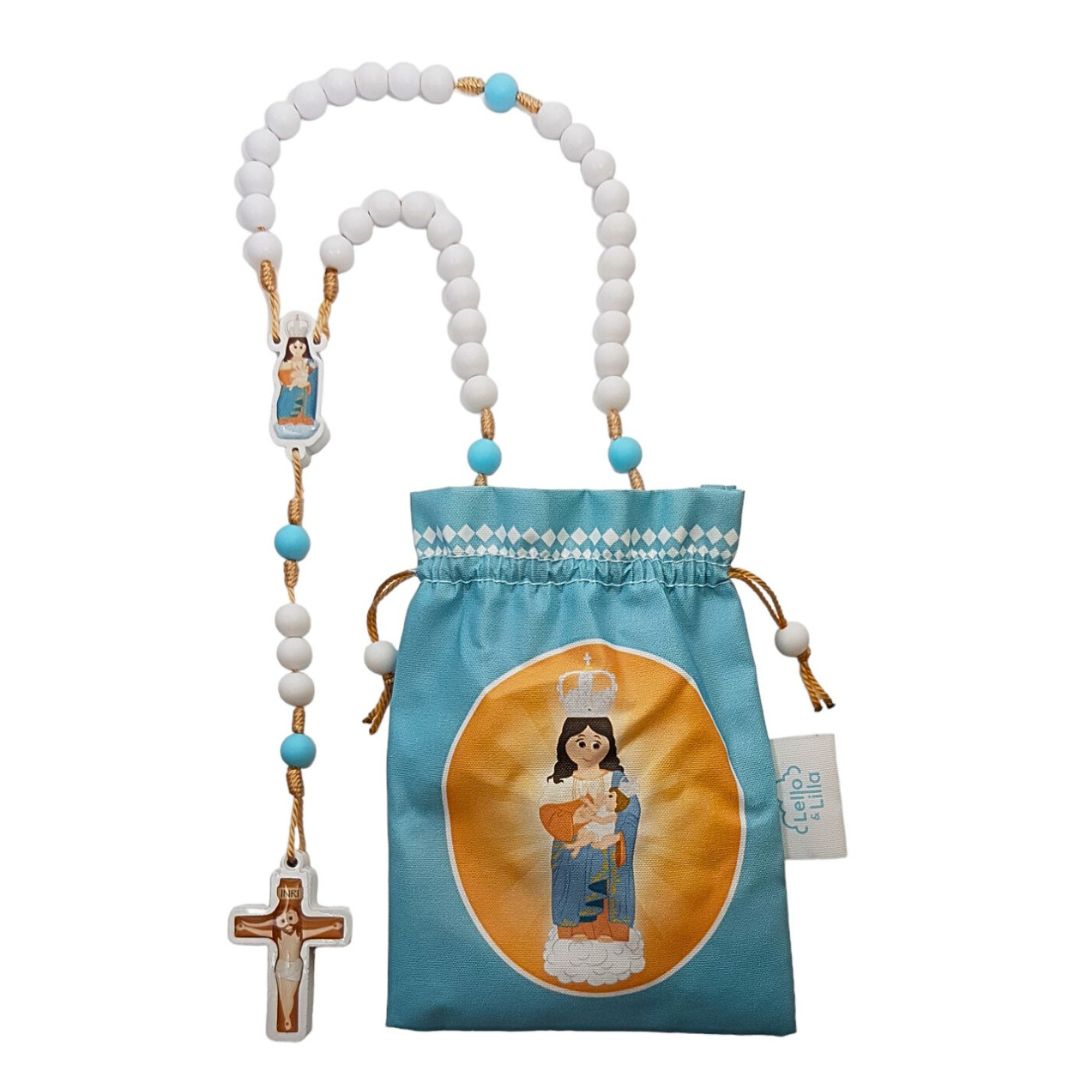 Terço com saco azul e imagem da Virgem Maria com Menino Jesus