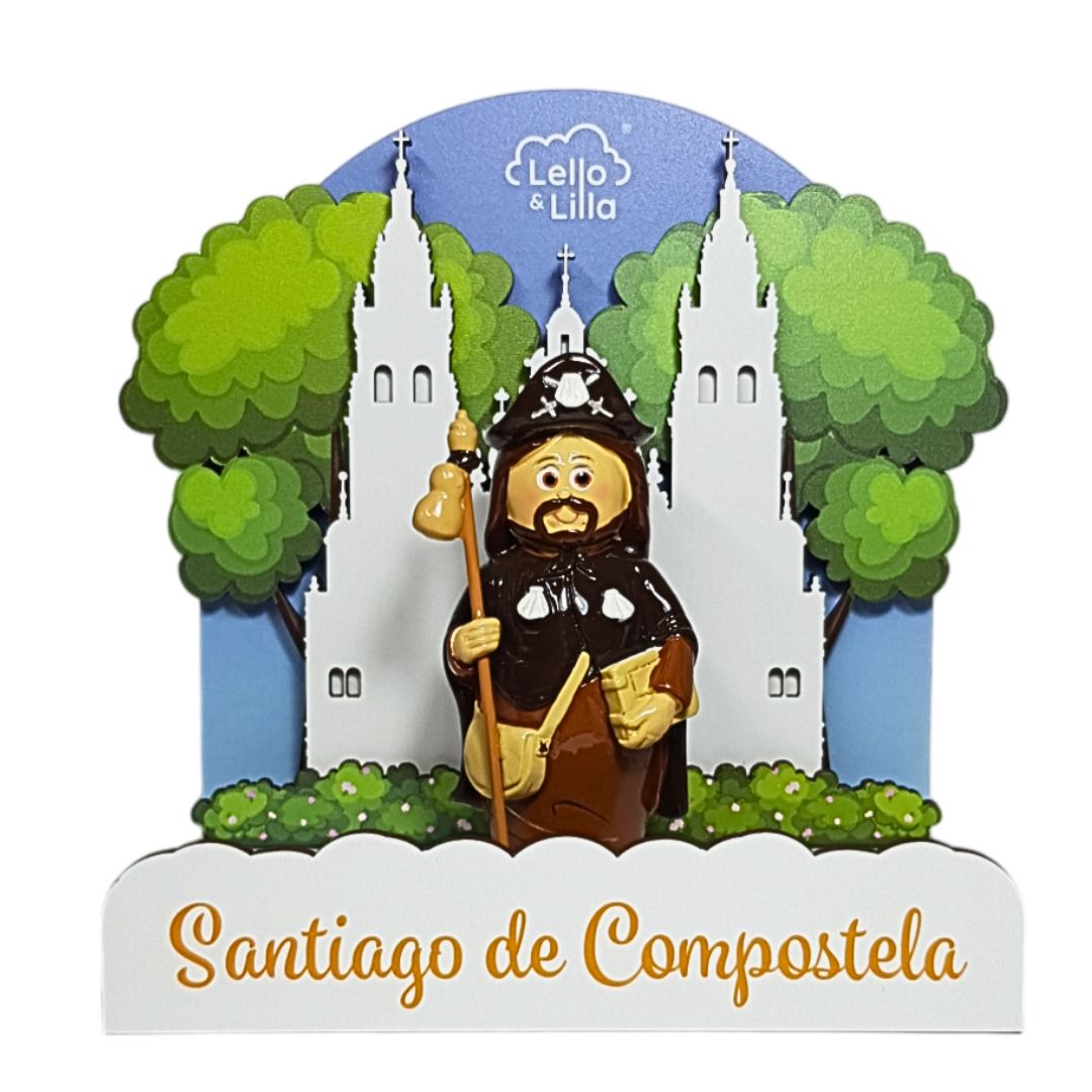 Figura decorativa de S. Tiago em fundo com igreja e árvores com texto 'Santiago de Compostela'