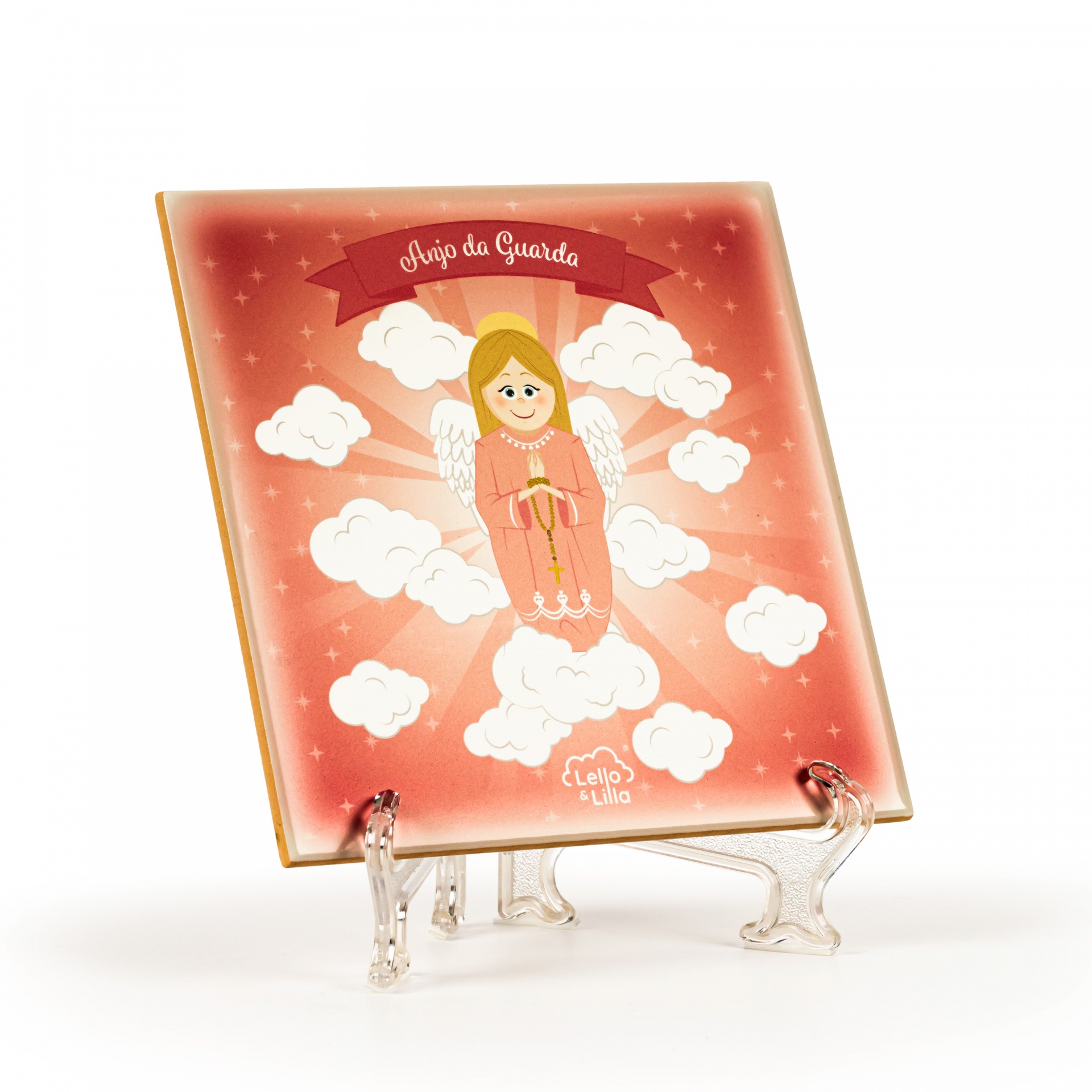 Azulejo decorativo com ilustração de anjo e texto Anjo da Guarda