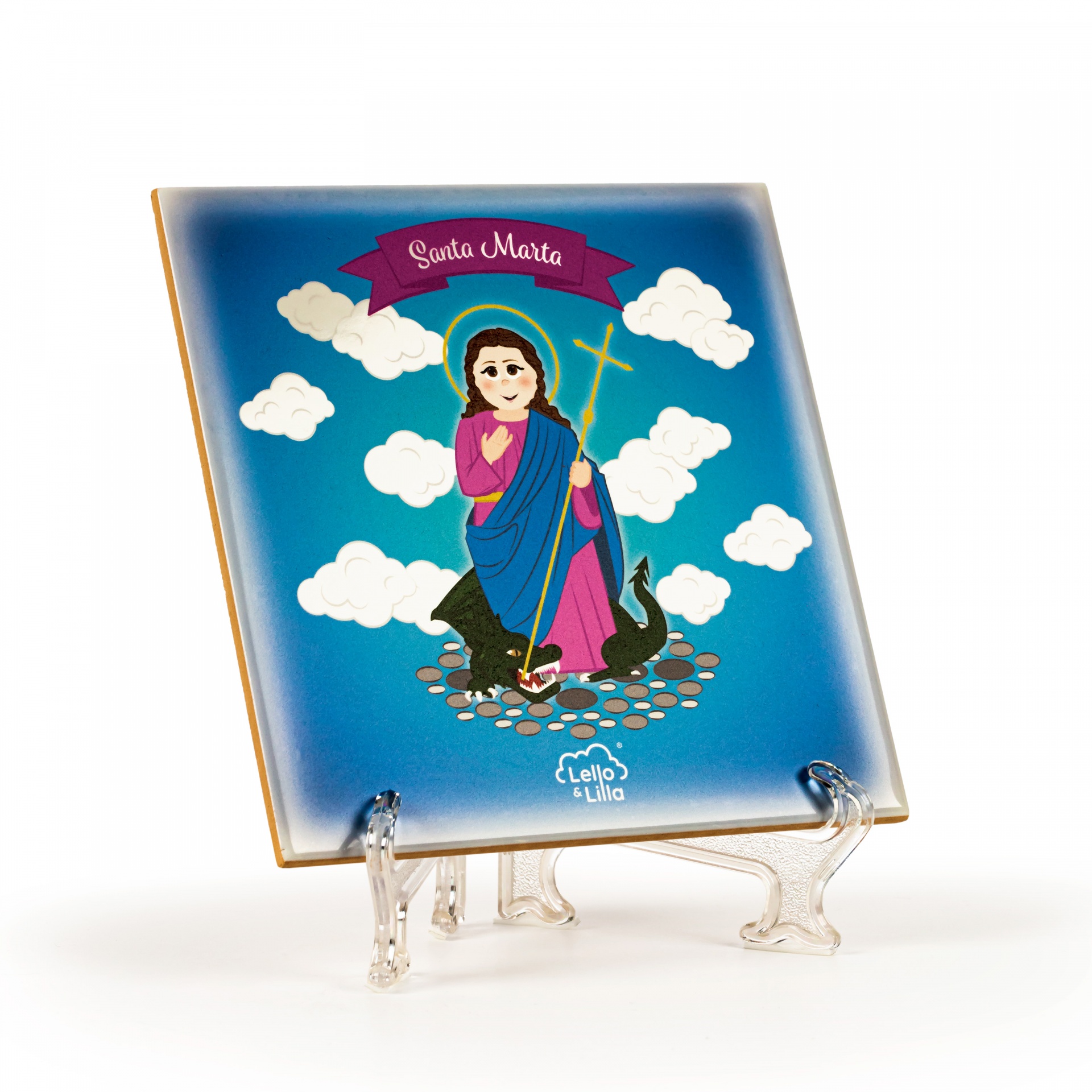 Azulejo decorativo com imagem colorida de Santa Marta e texto