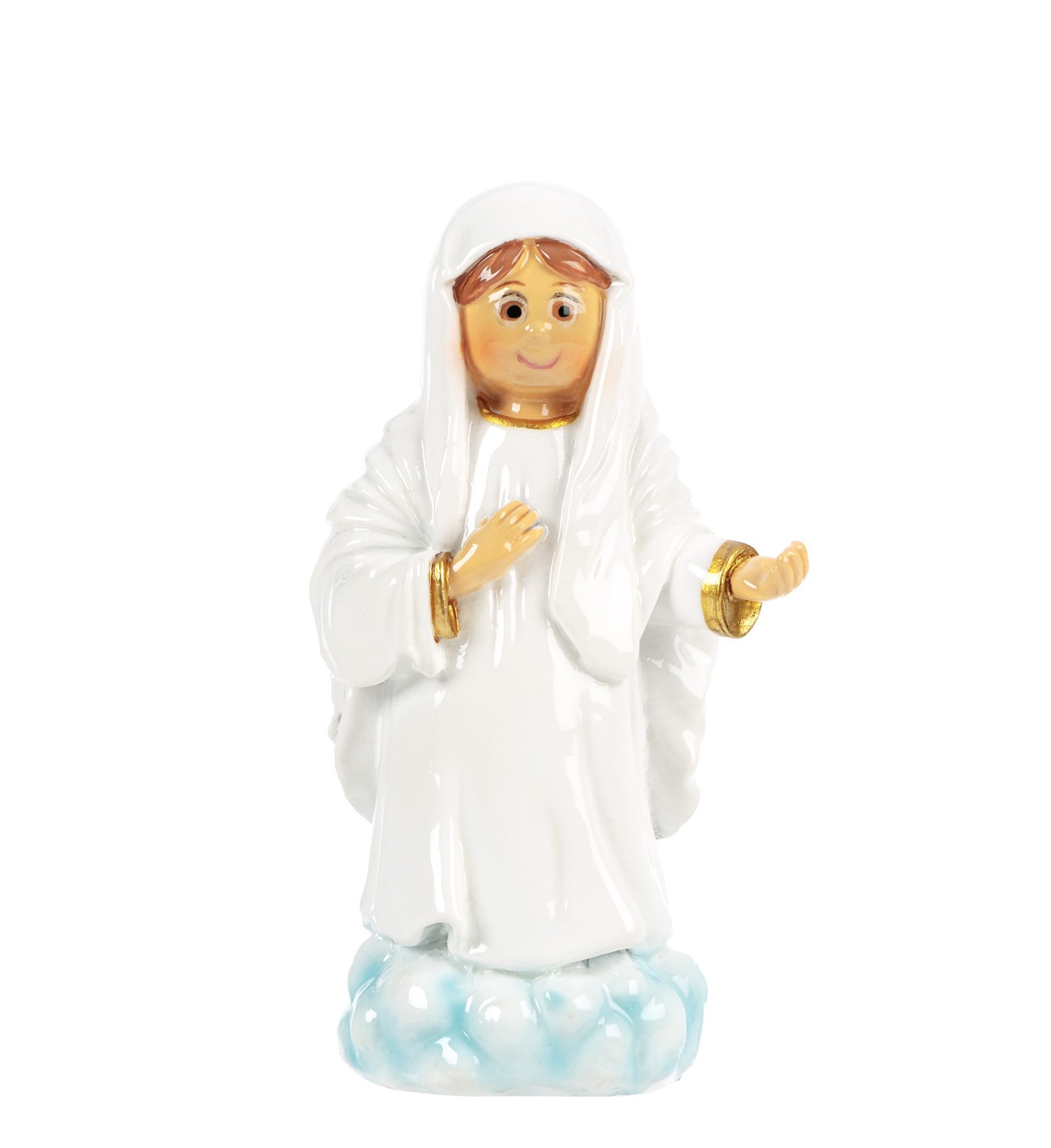 Estatueta religiosa de criança em túnica branca sobre base de nuvens azuis e brancas