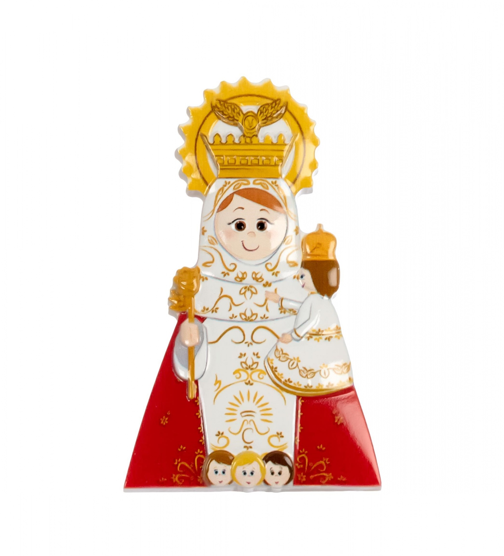 Figura decorativa de Nossa Senhora do Carmo com manto branco, dourado e vermelho