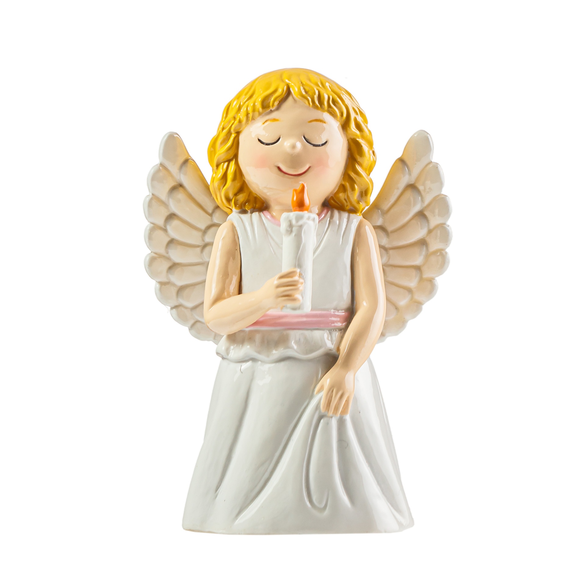 Figura decorativa de anjo com cabelo amarelo e vestido branco segurando vela