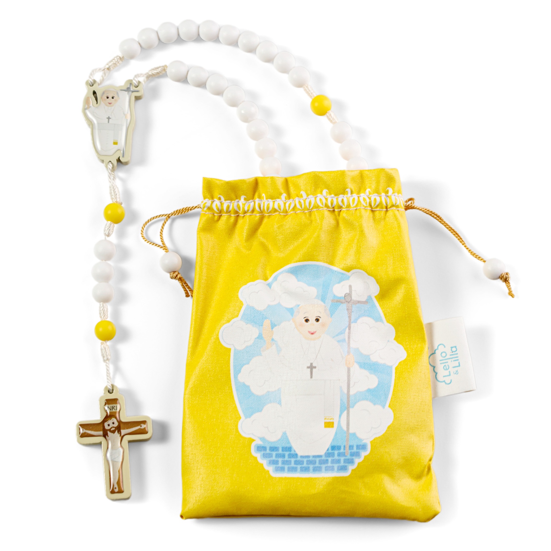 Terço com saco amarelo com imagem religiosa e cruz