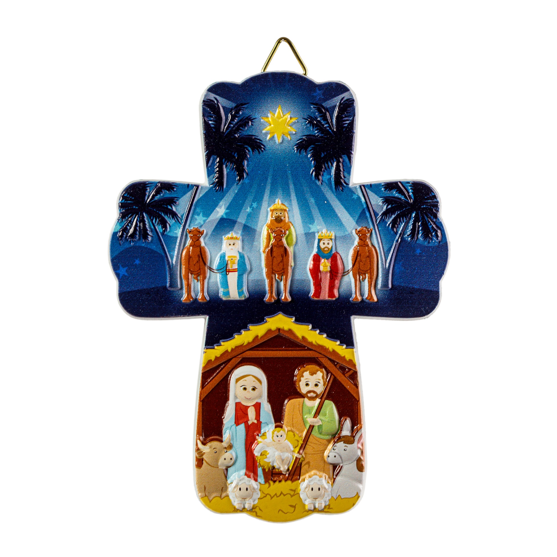 Cruz de madeira com pintura do presépio e reis magos em cores vivas