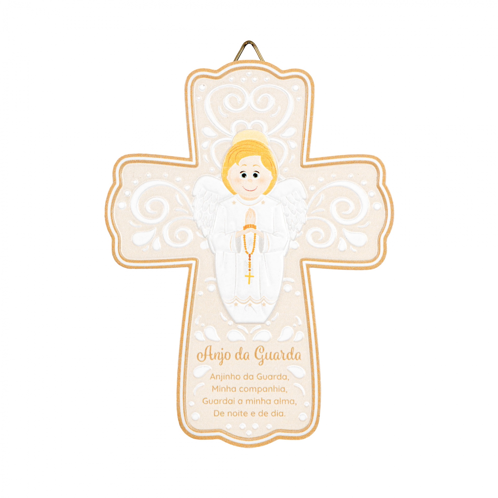 Cruz decorativa com anjo e texto religioso em português.