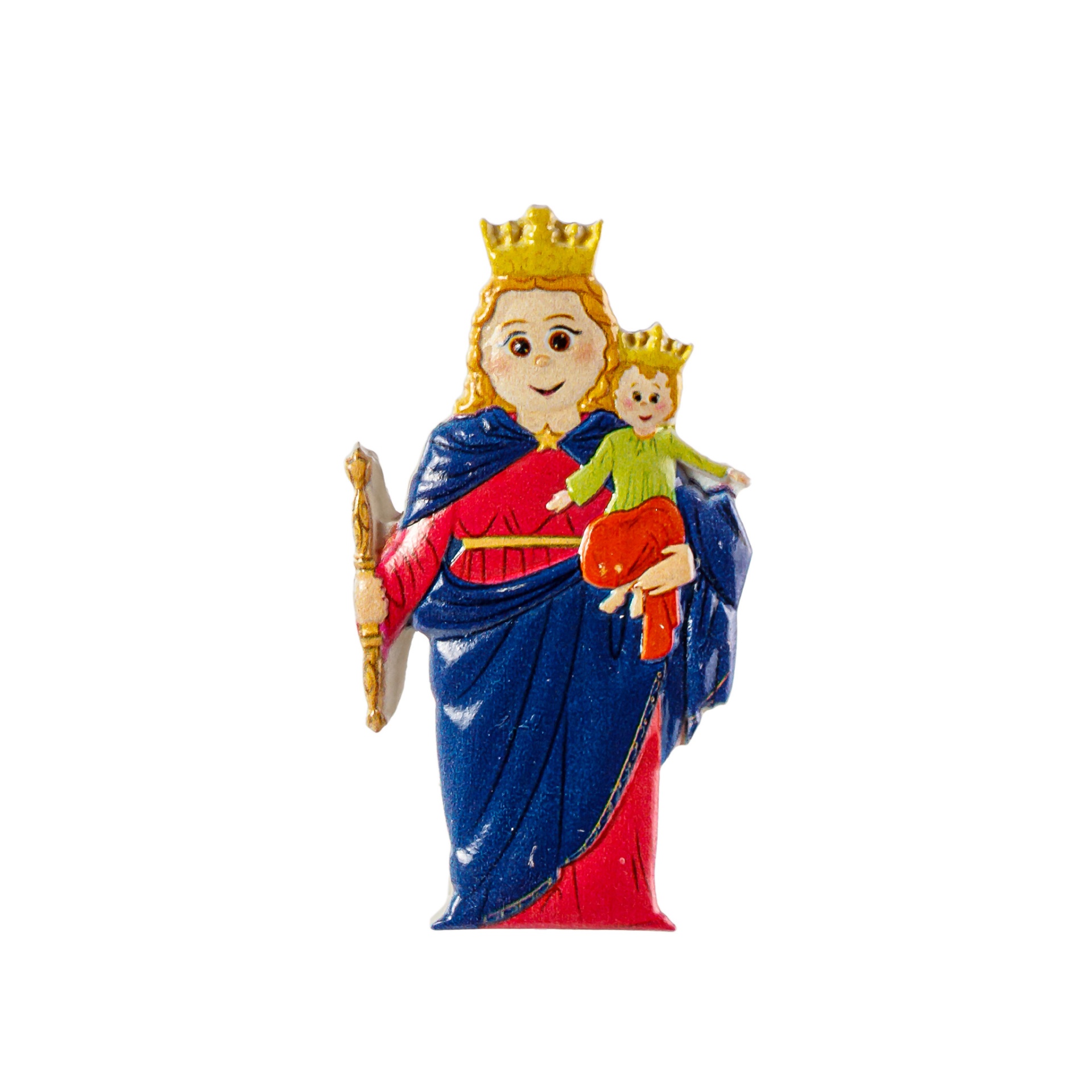 Figura decorativa de mulher coroada com criança coroada e capa azul