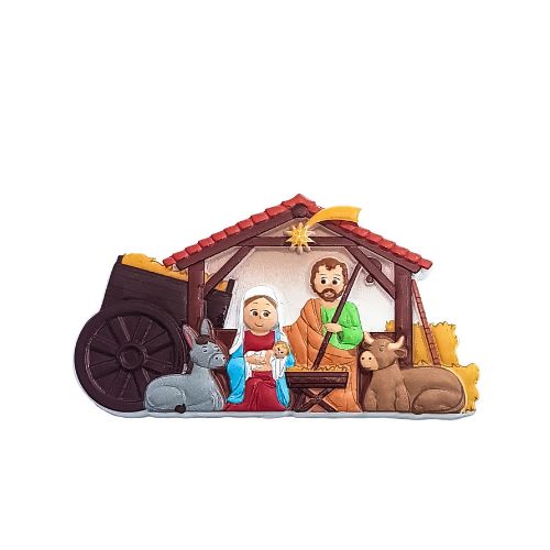 Presépio com Maria, José, Jesus bebé, burro, boi, palha e estrela