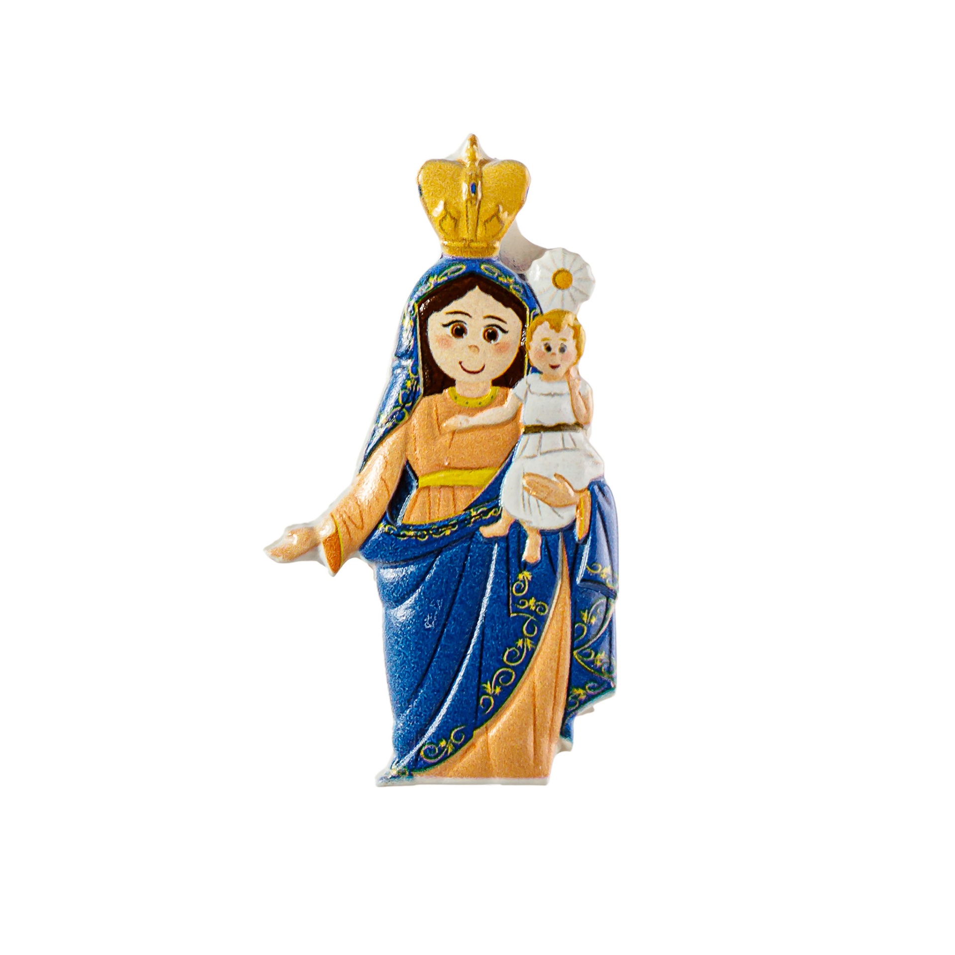 Estatueta religiosa colorida de figura feminina com criança e coroa dourada