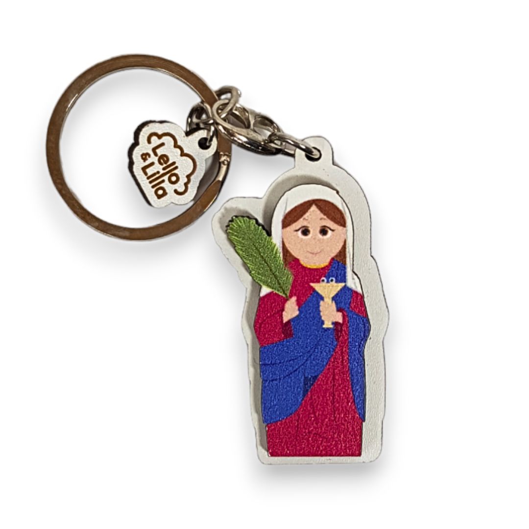 Porta-chaves com boneco em tecido colorido de figura feminina vestida de vermelho e azul com véu branco