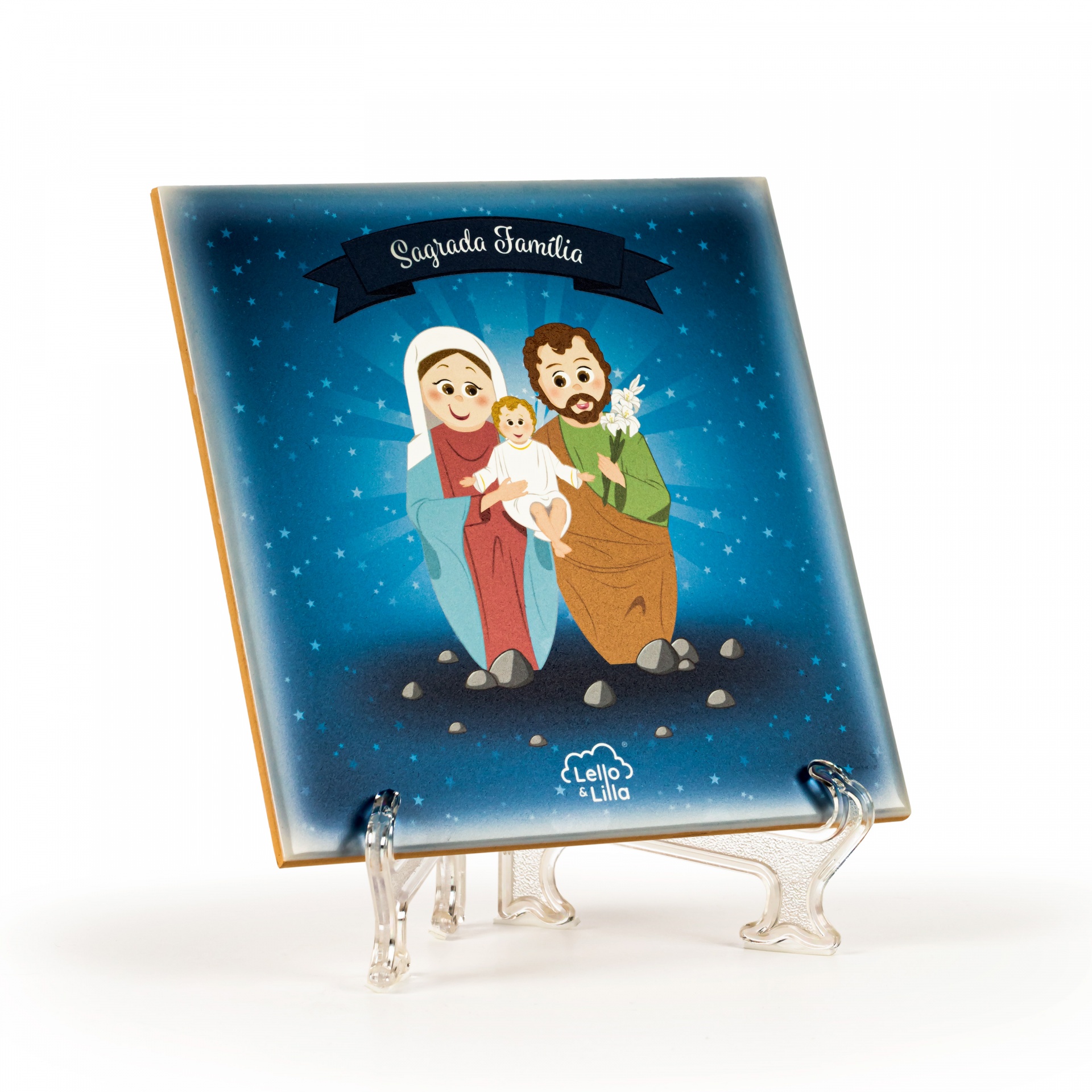 Azulejo quadrado com ilustração da Sagrada Família e texto em azul estrelado