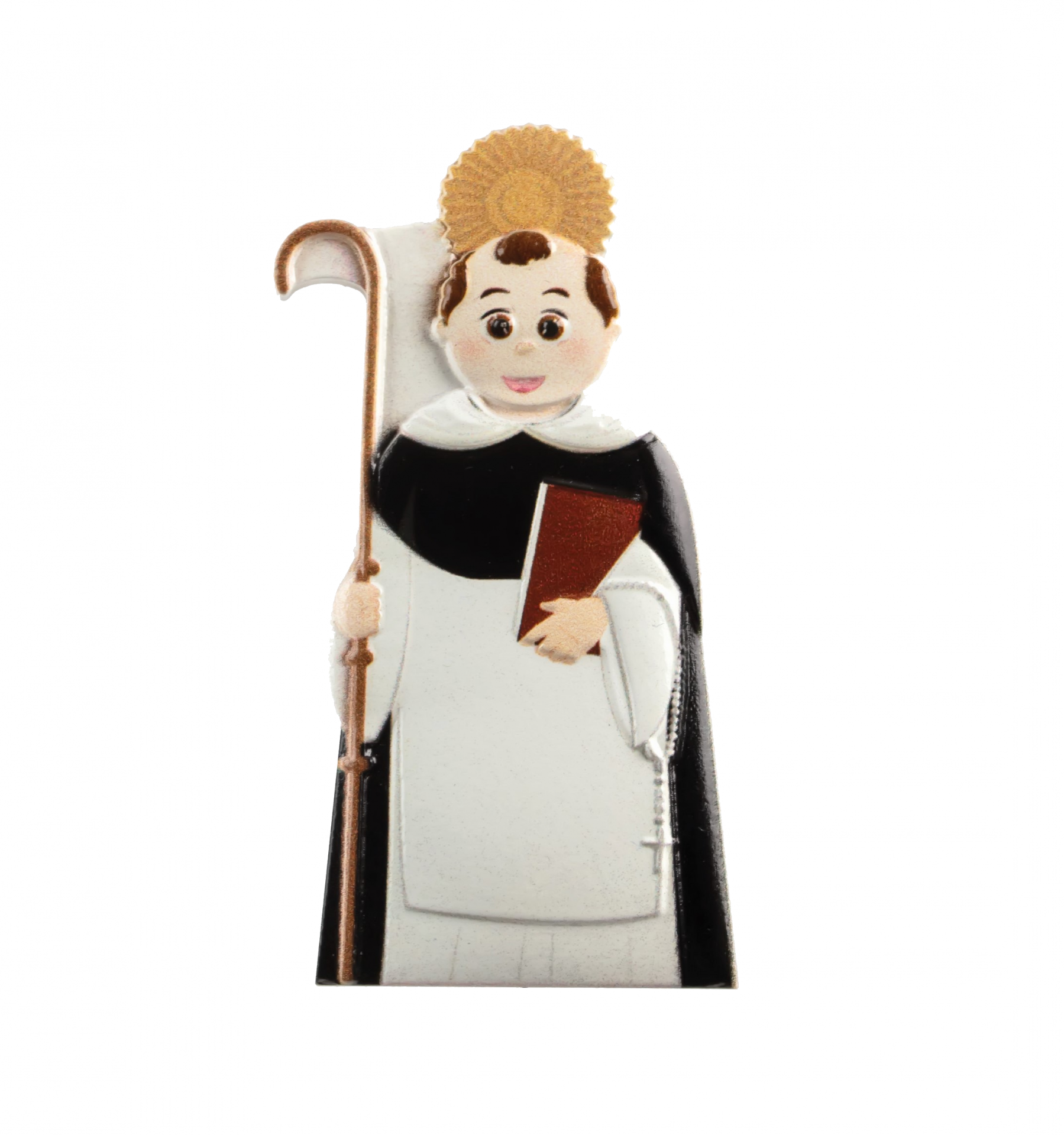 Figura decorativa de santo com hábito branco e preto, halo dourado, cajado e livro.