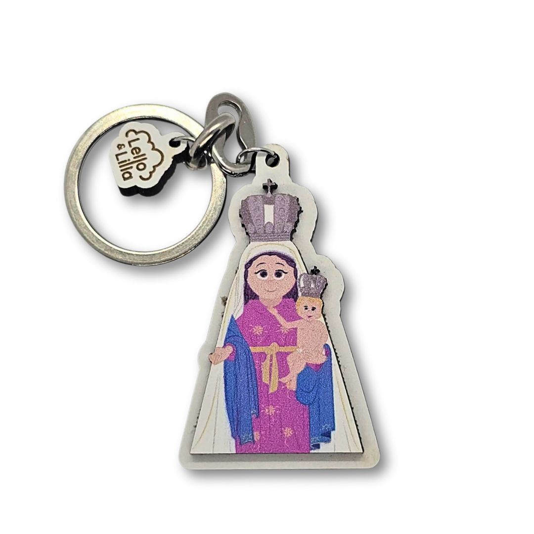 Chaveiro Nossa Senhora roxa com manto azul e menino com coroa