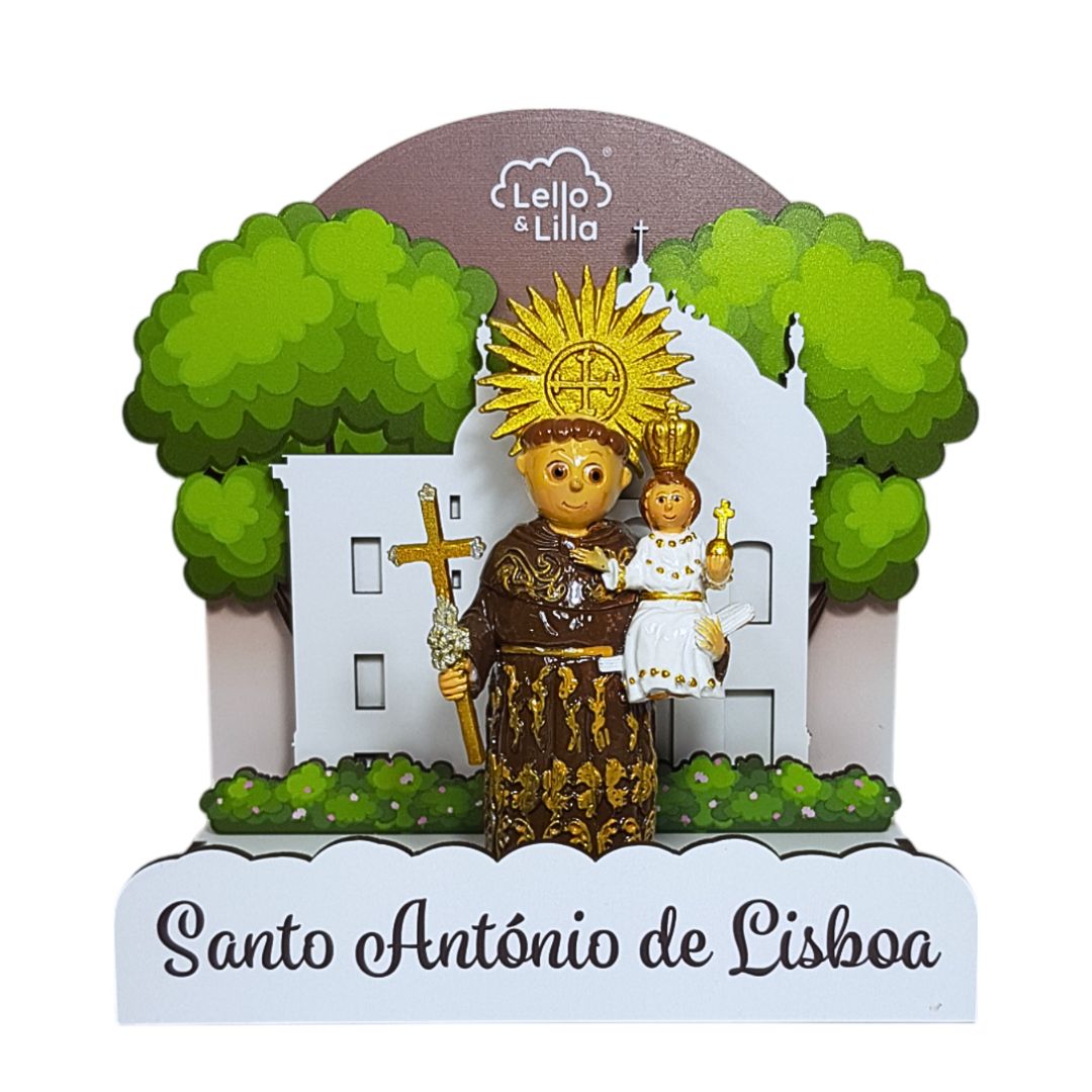 Estátua decorativa de Santo António de Lisboa em resina com base branca e texto