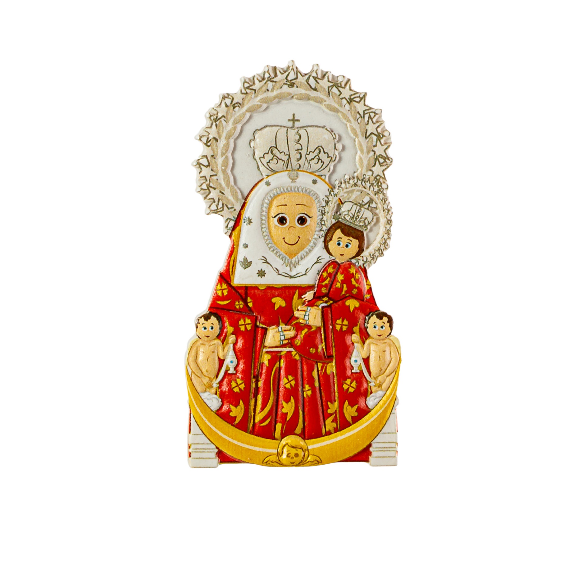 Ícone religioso estilizado com figura feminina e criança em traje vermelho e dourado