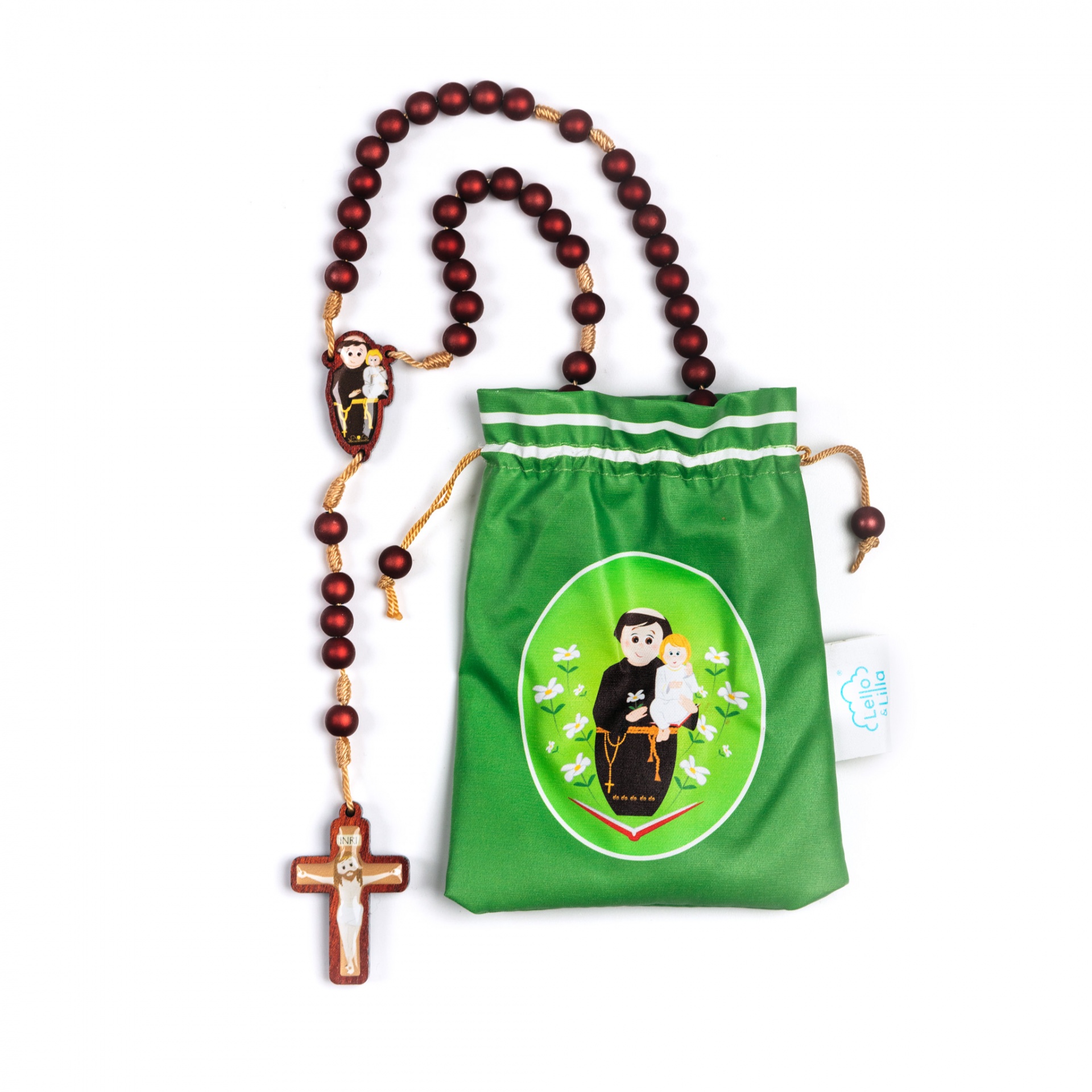 Terço de contas marrons com crucifixo e saco verde com imagem de santo