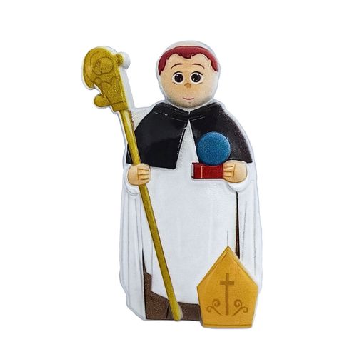Figura decorativa de religioso com báculo dourado, batina preta e robe branco