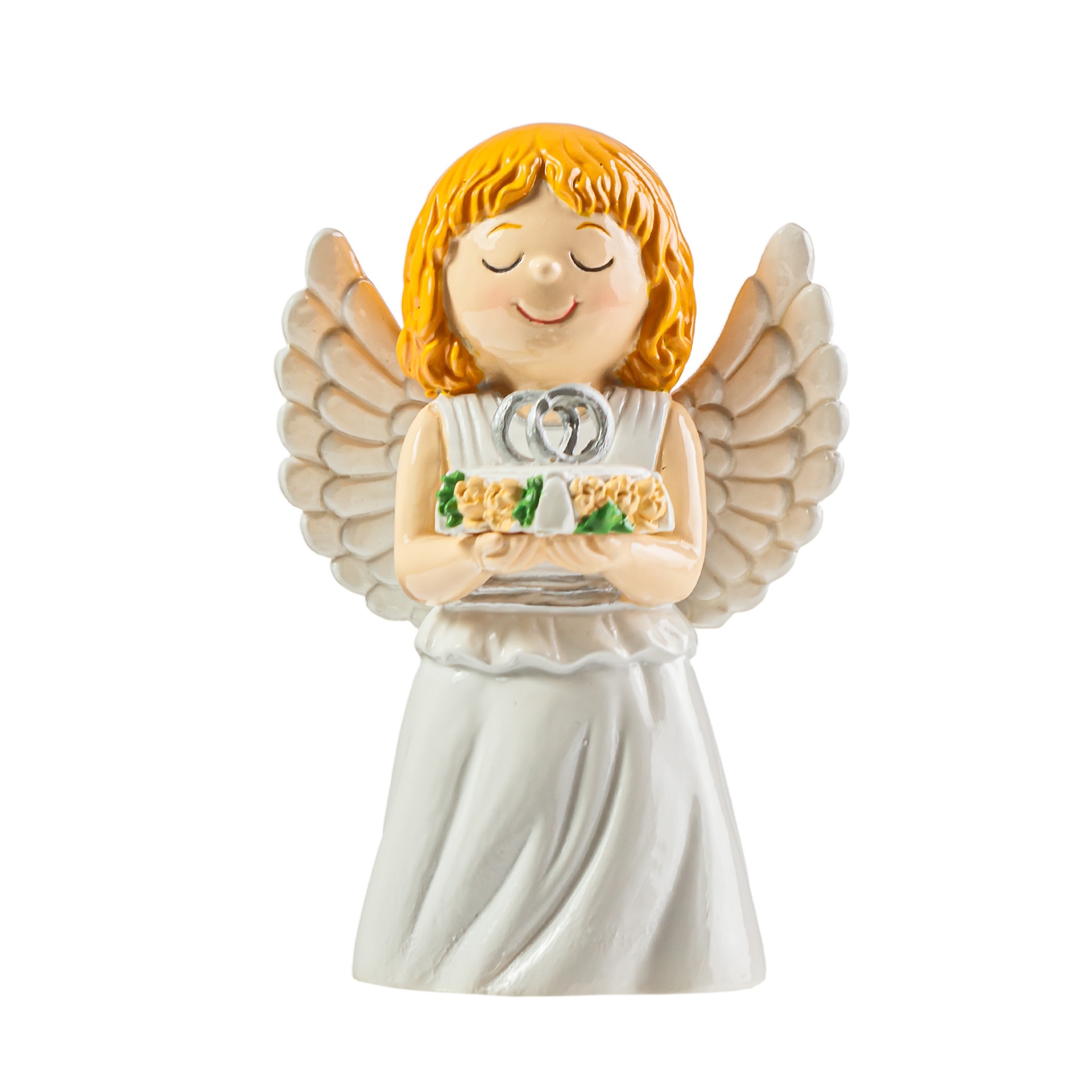 Figura decorativa de anjo com vestido branco e asas beige