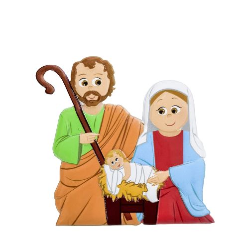 Decoração de presépio com figuras de José, Maria e bebé Jesus em estilo cartoon.