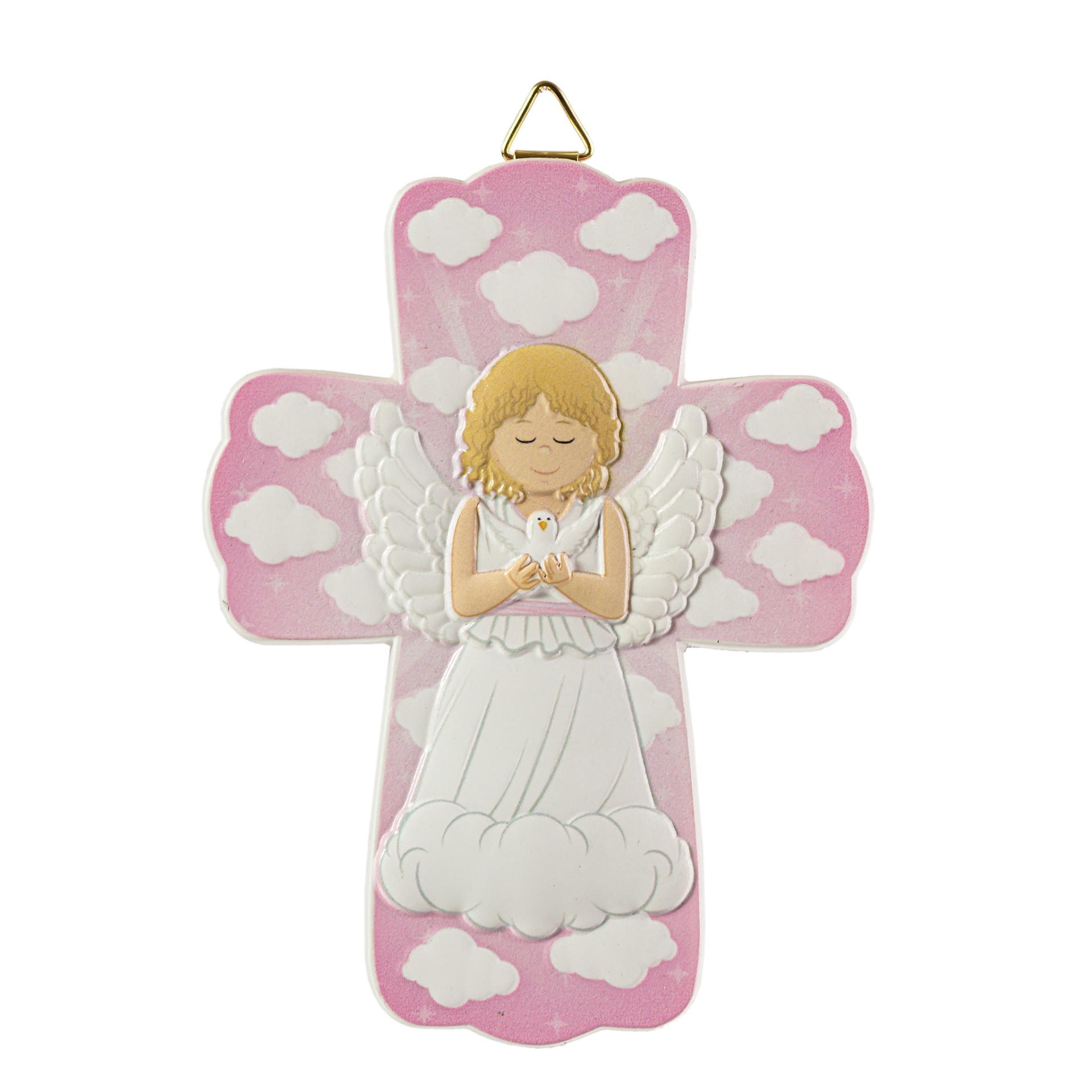 Cruz decorativa rosa com anjo e nuvens brancas