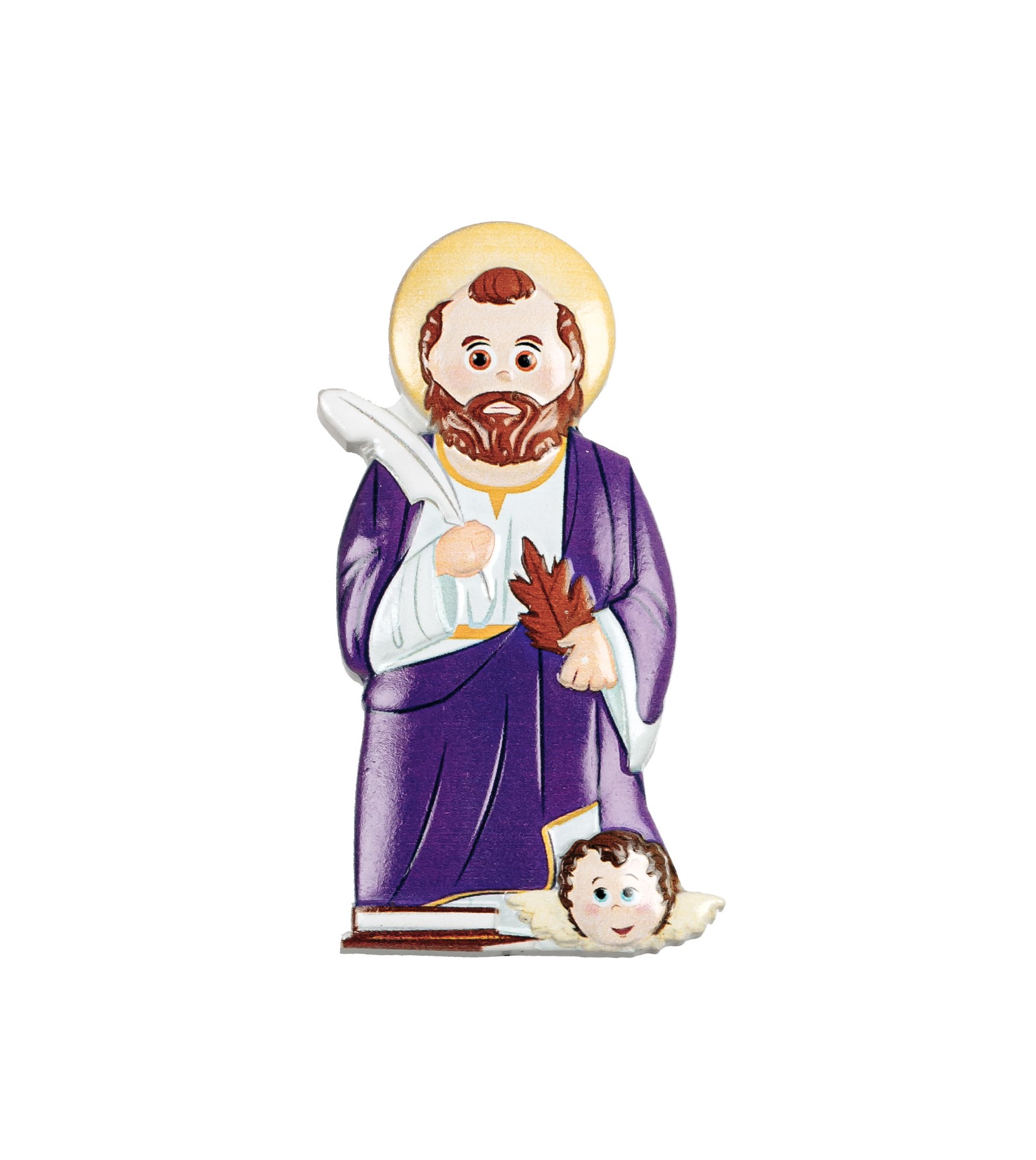 Figura decorativa de santo com hábito roxo e anjo aos pés