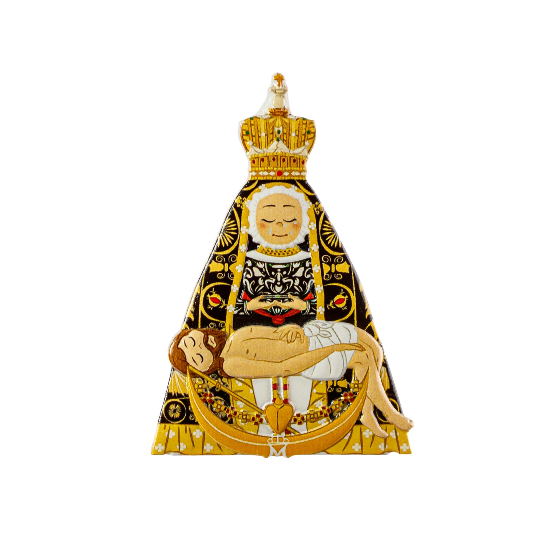 Figura religiosa estilizada com Nossa Senhora e Cristo crucificado em preto, dourado e branco