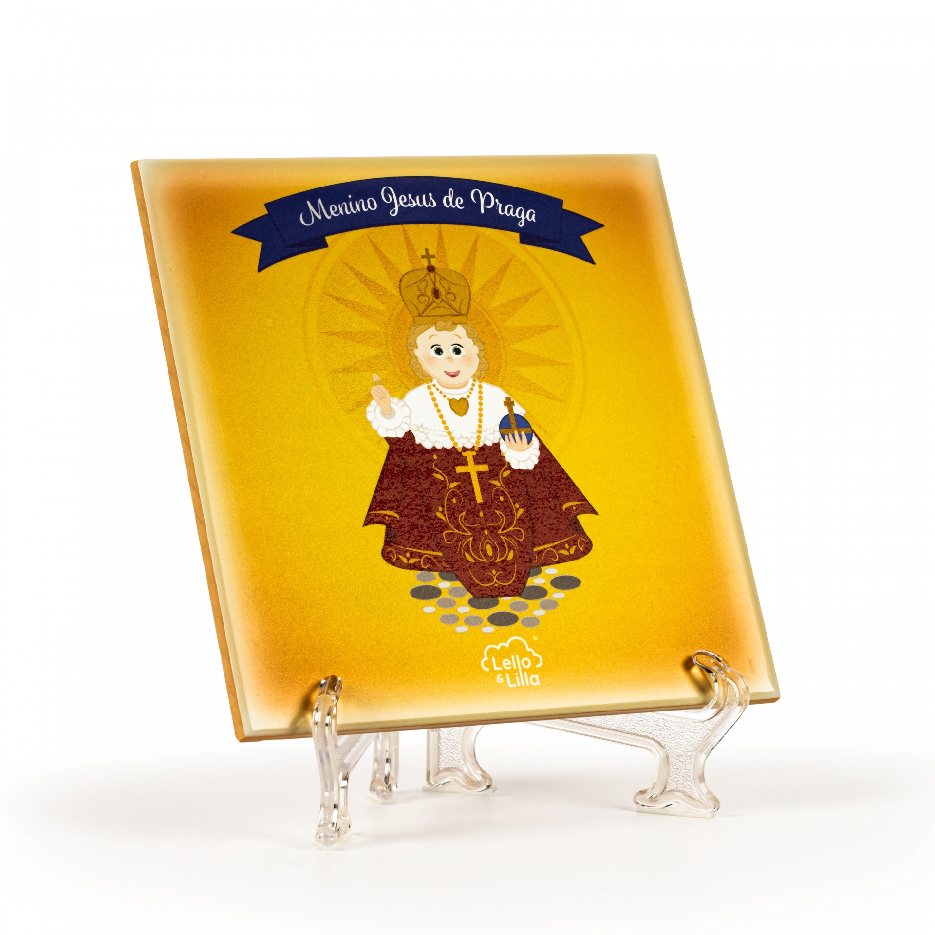 Azulejo de vidro amarelo com imagem do Menino Jesus de Praga