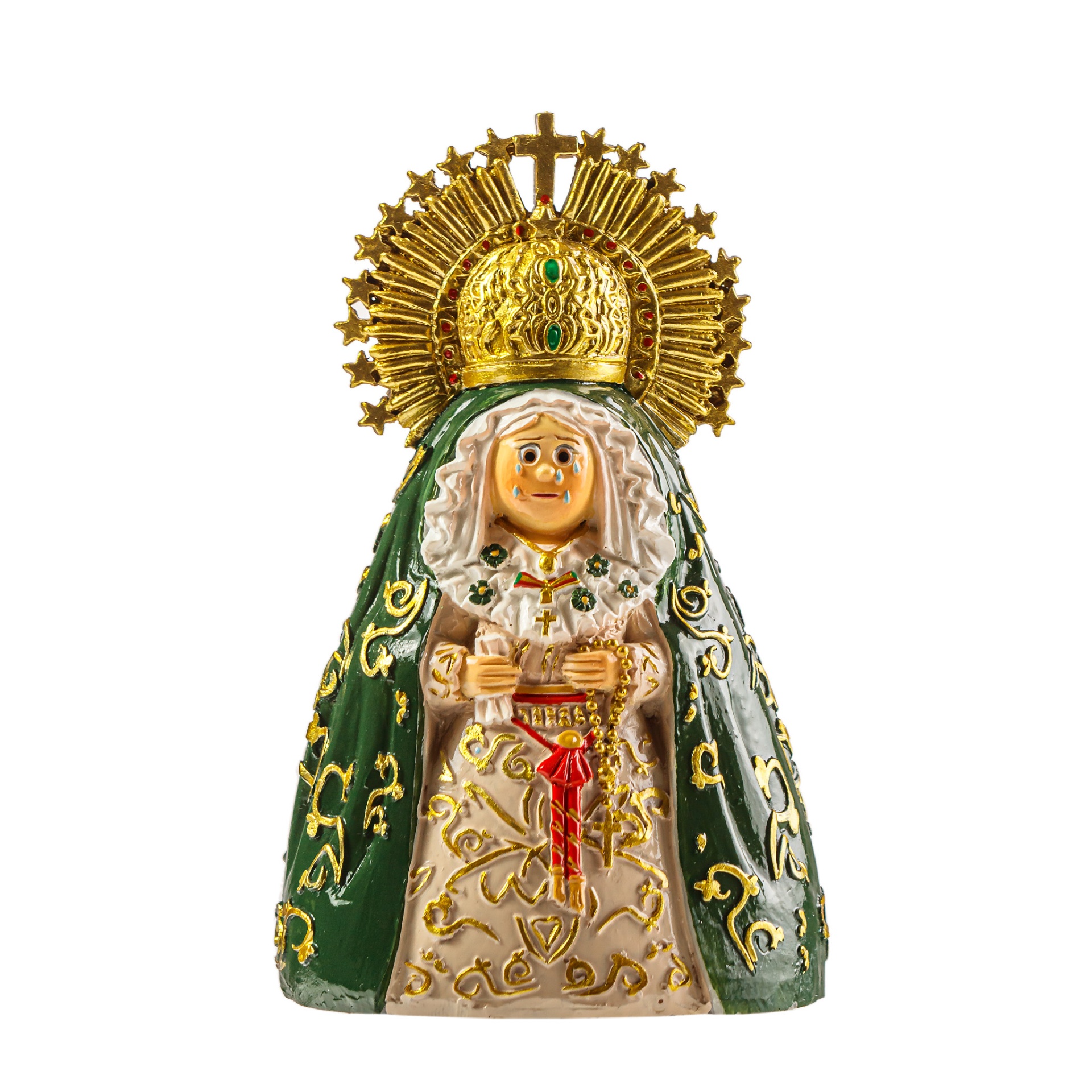 Estátua decorativa de figura religiosa feminina com manto verde e coroa dourada