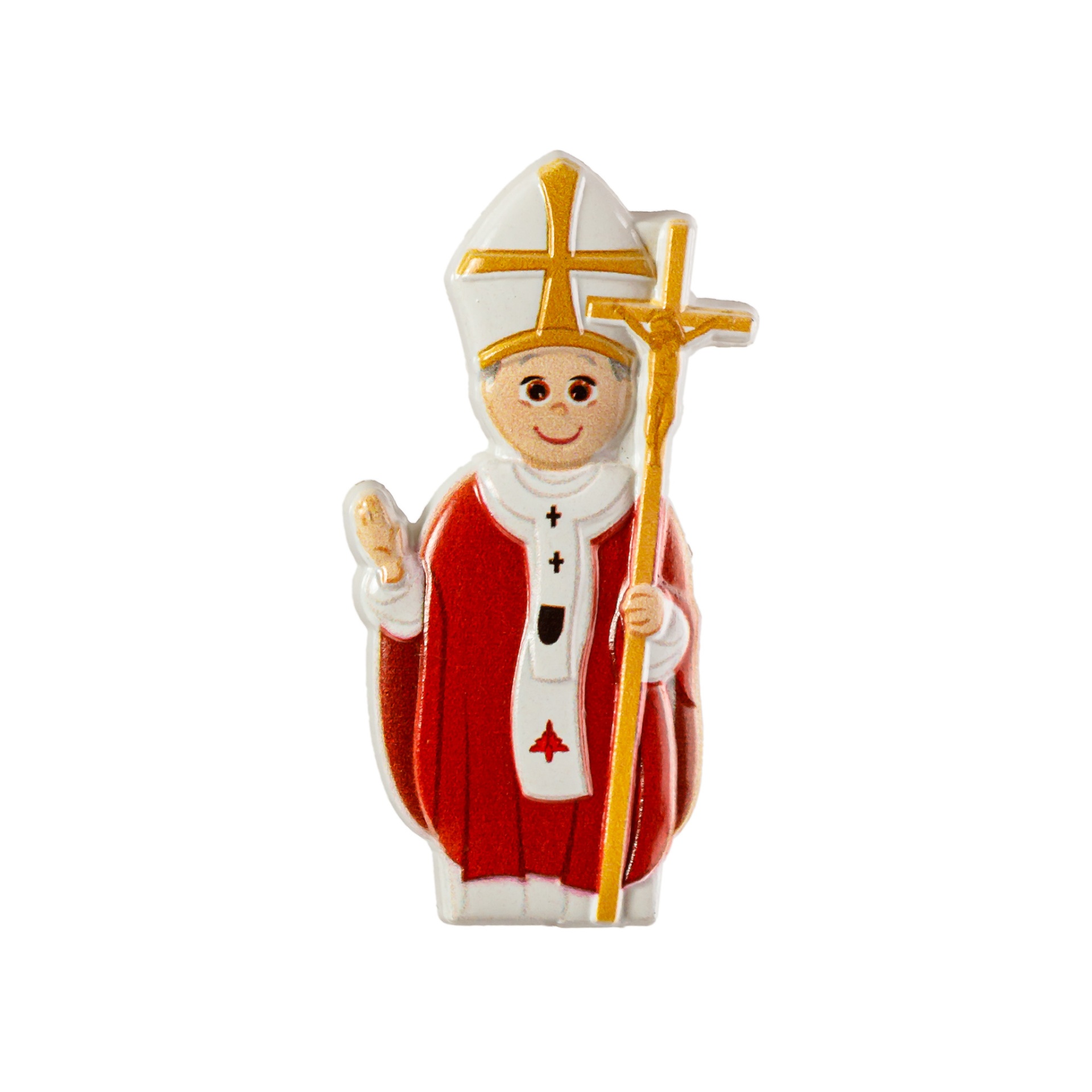 Figura decorativa de papa em vermelho, branco e dourado