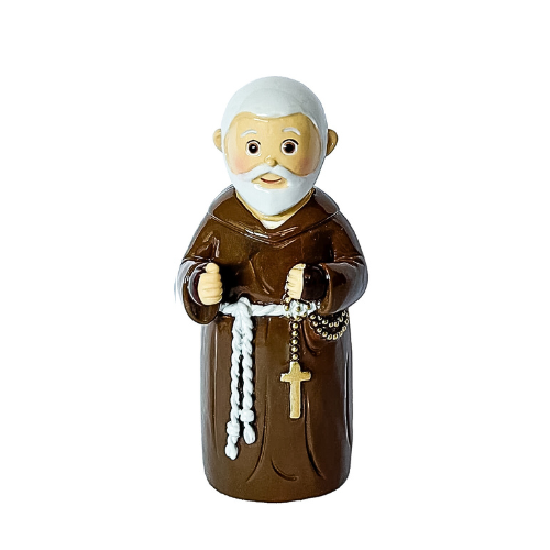 Figura decorativa de frade em ceramicá com hábito castanho e rosário