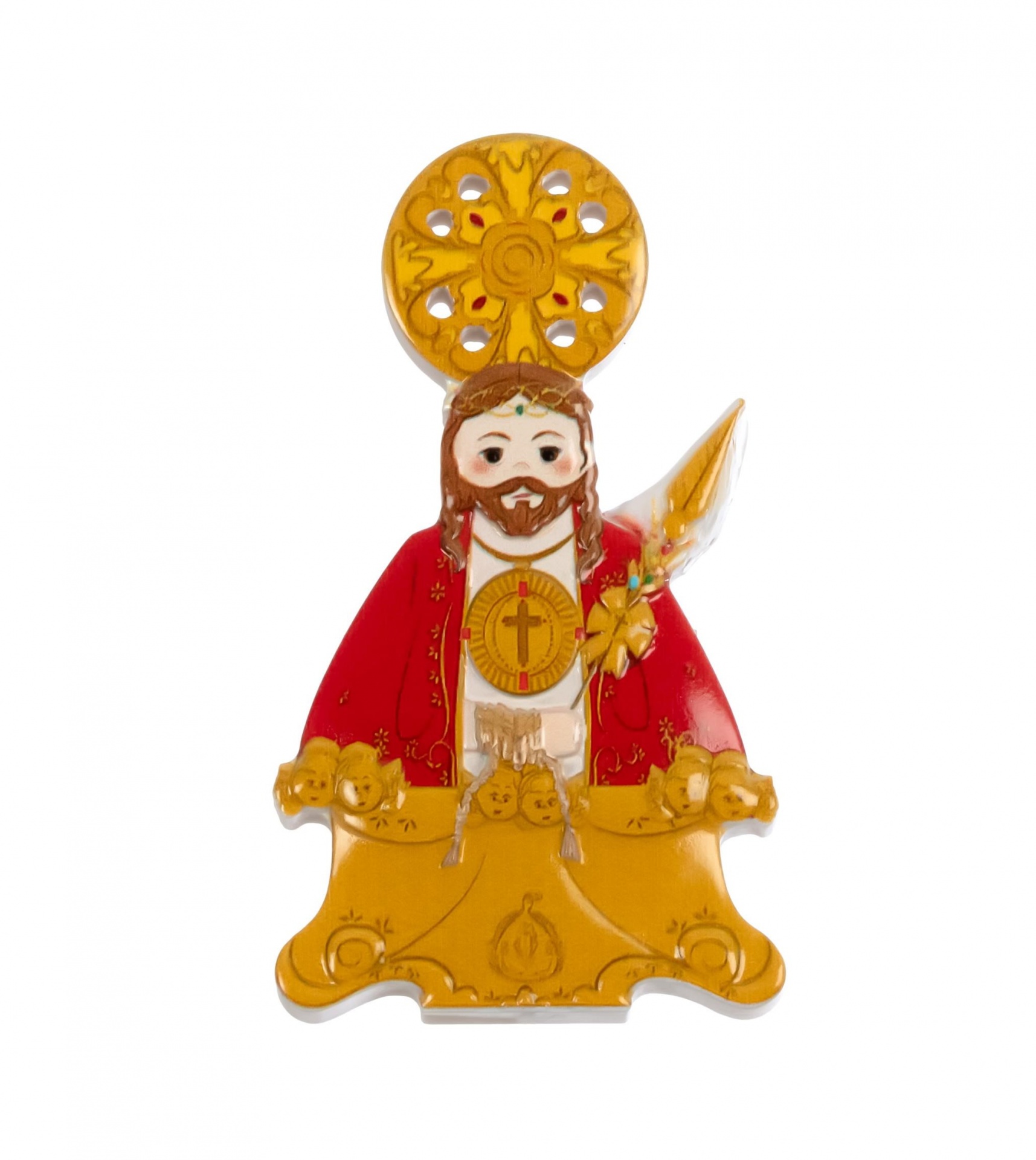 Figura religiosa cerâmica em túnica vermelha com auréola dourada