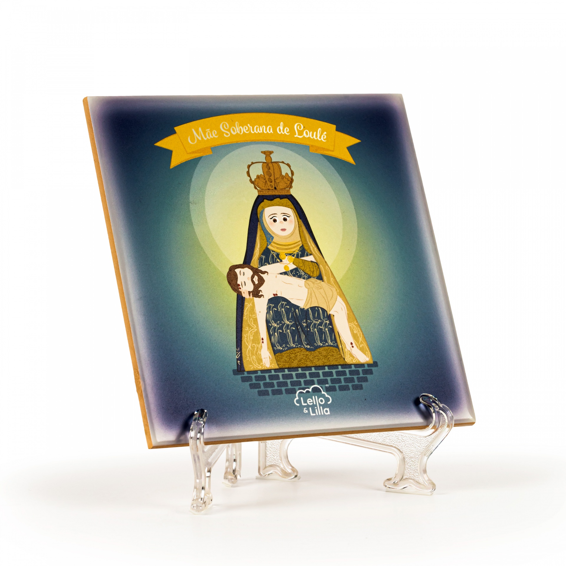 Azulejo decorativo com imagem religiosa e texto em azul e amarelo