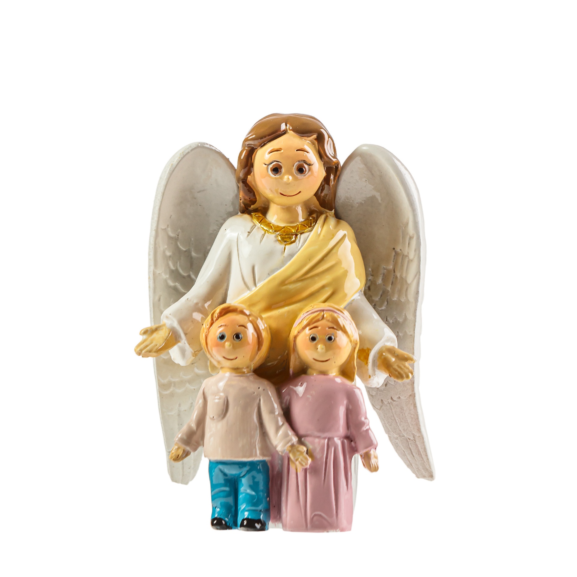 Figura decorativa de anjo com duas crianças em fundo branco