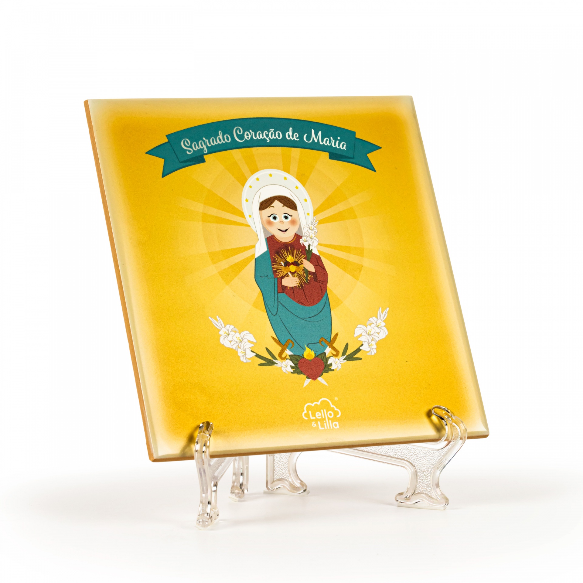 Placa decorativa amarela com imagem da Virgem Maria e texto Sagrado Coração de Maria
