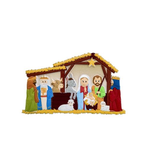 Presépio decorativo tecido colorido com figuras e animais num estábulo com estrela