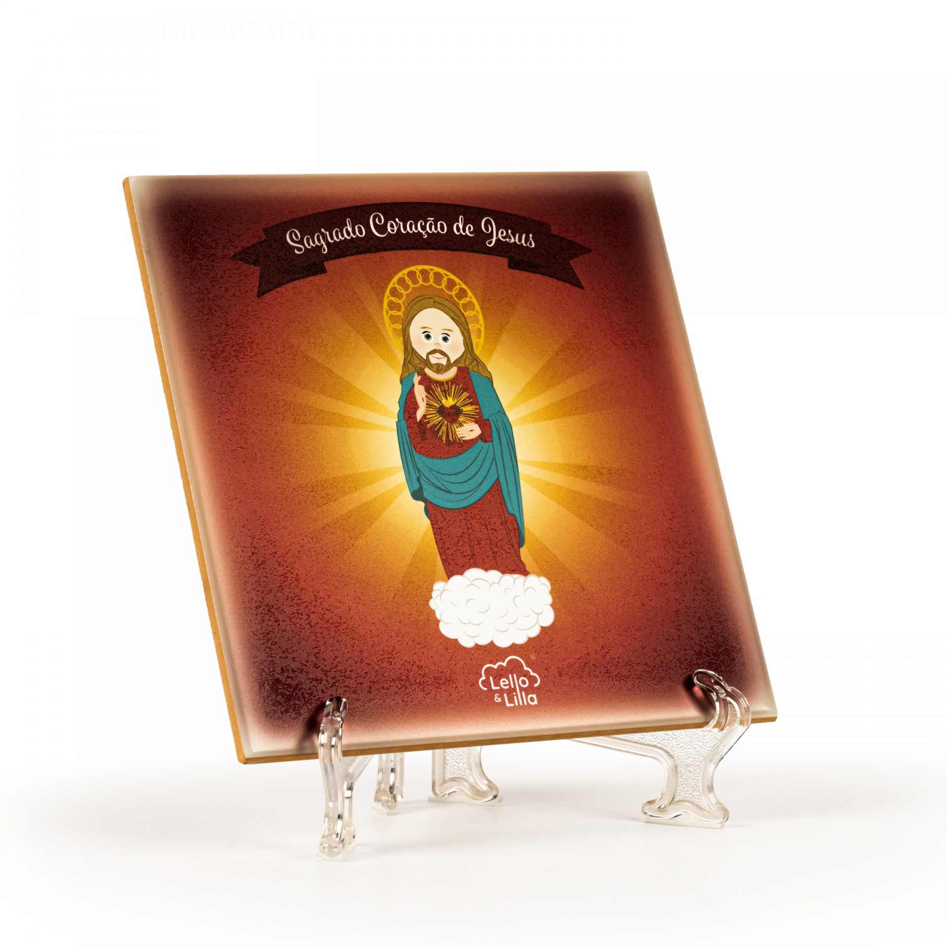 Azulejo decorativo com imagem de Jesus e texto Sagrado Coração de Jesus.