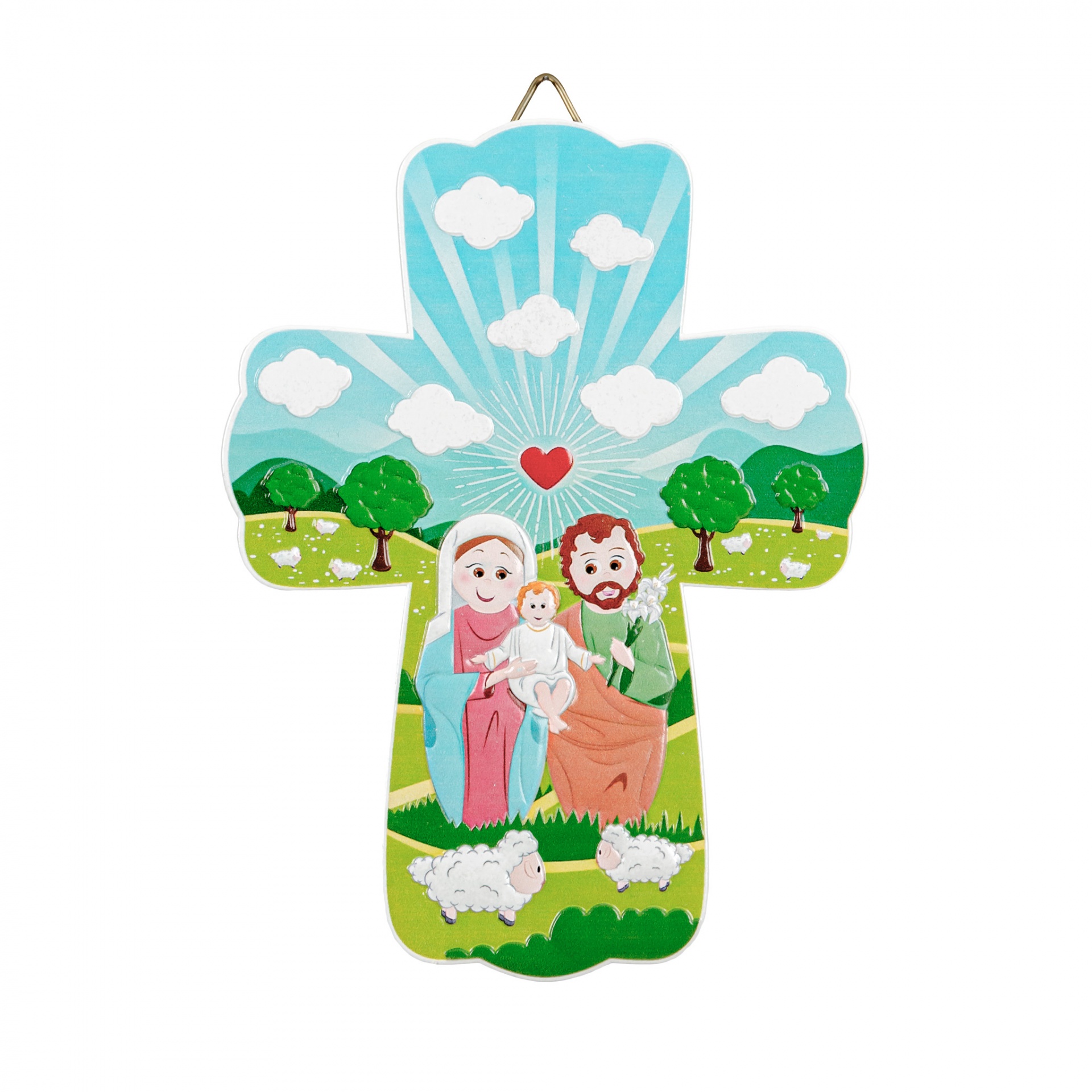 Cruz decorativa de madeira com ilustração da Sagrada Família e ovelhas em cenário verde