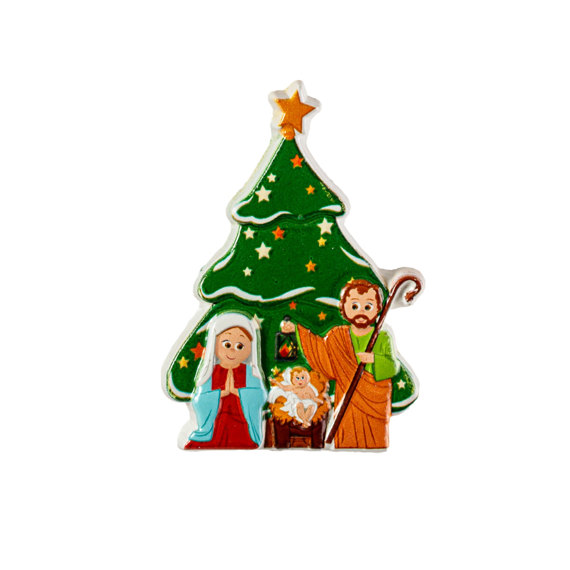 Enfeite de Natal presépio com árvore verde e figuras de Maria, José e Menino Jesus