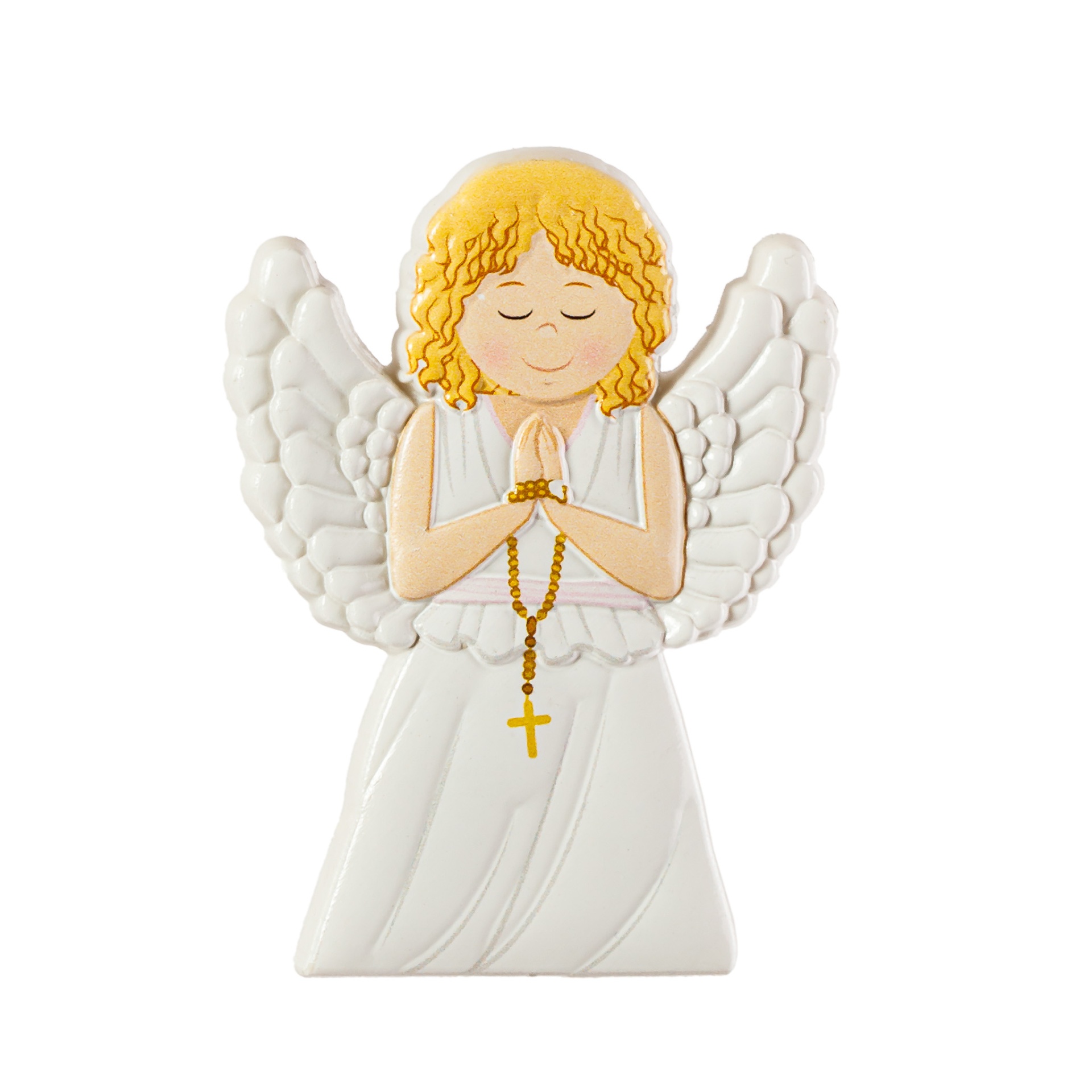 Figura de anjo decorativo branco com cabelos amarelos e terço dourado