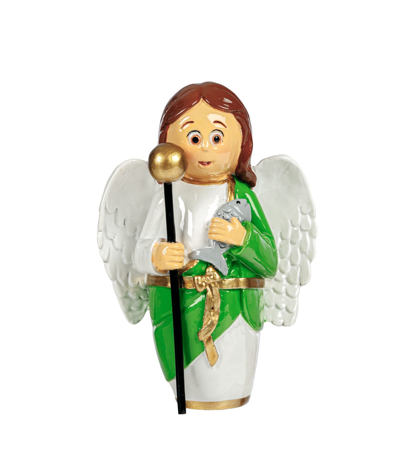 Estatueta de anjo com túnica verde e branca, asas e segurando uma vara e um coelho