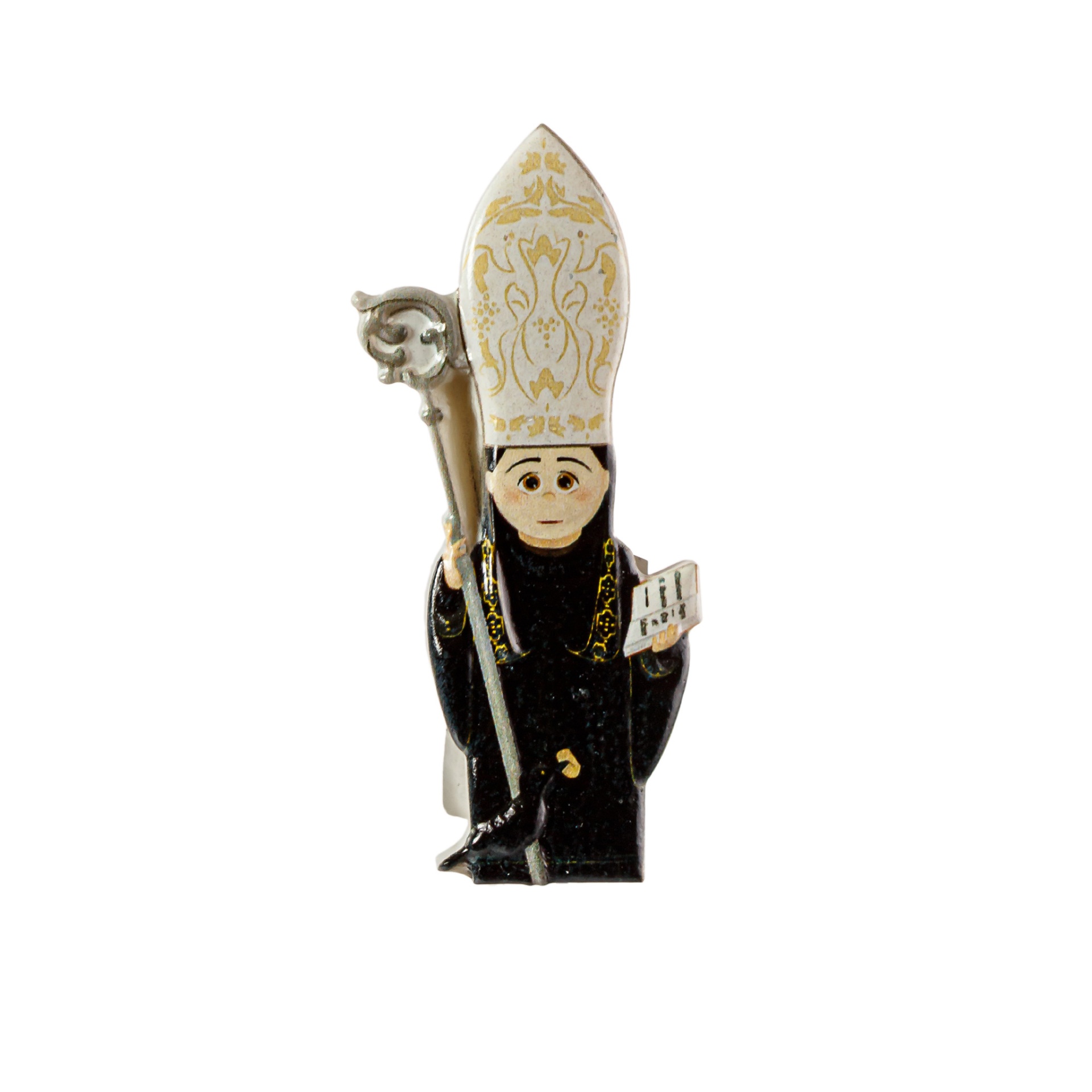 Figura decorativa religiosa de madeira com mitra e báculo