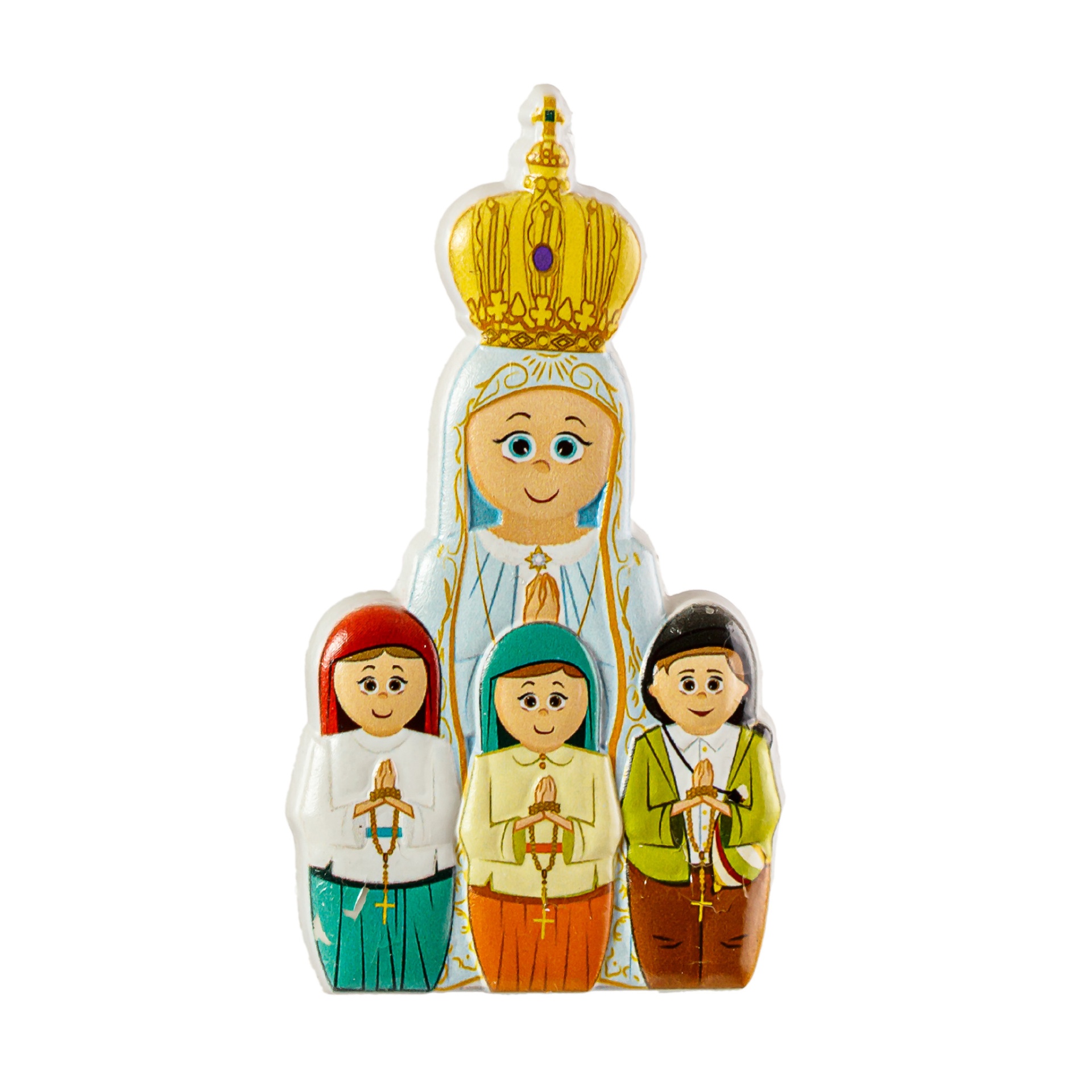 Escultura de madeira com figura feminina coroada e três crianças com terços.