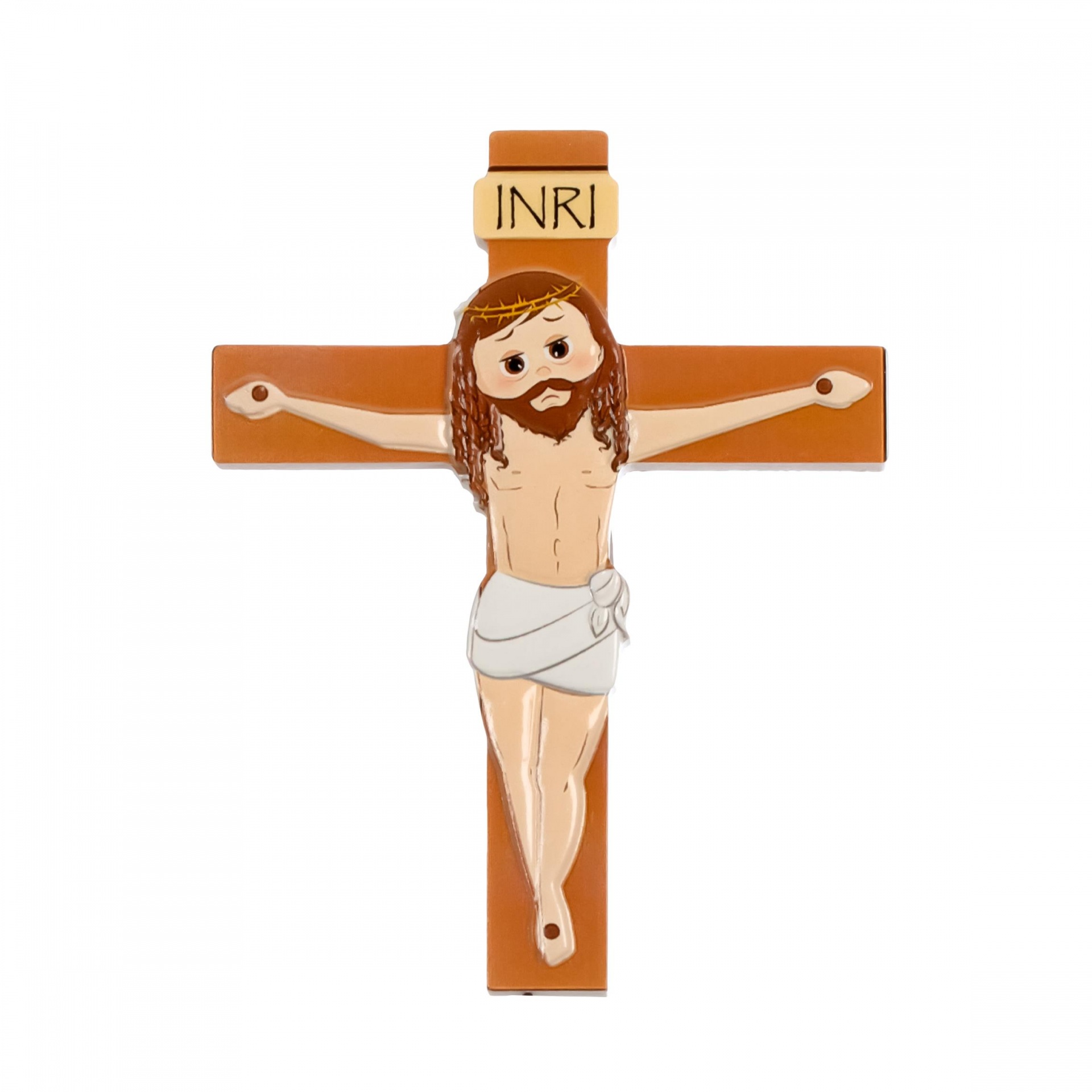 Crucifixo decorativo de cerâmica com Jesus e placa INRI