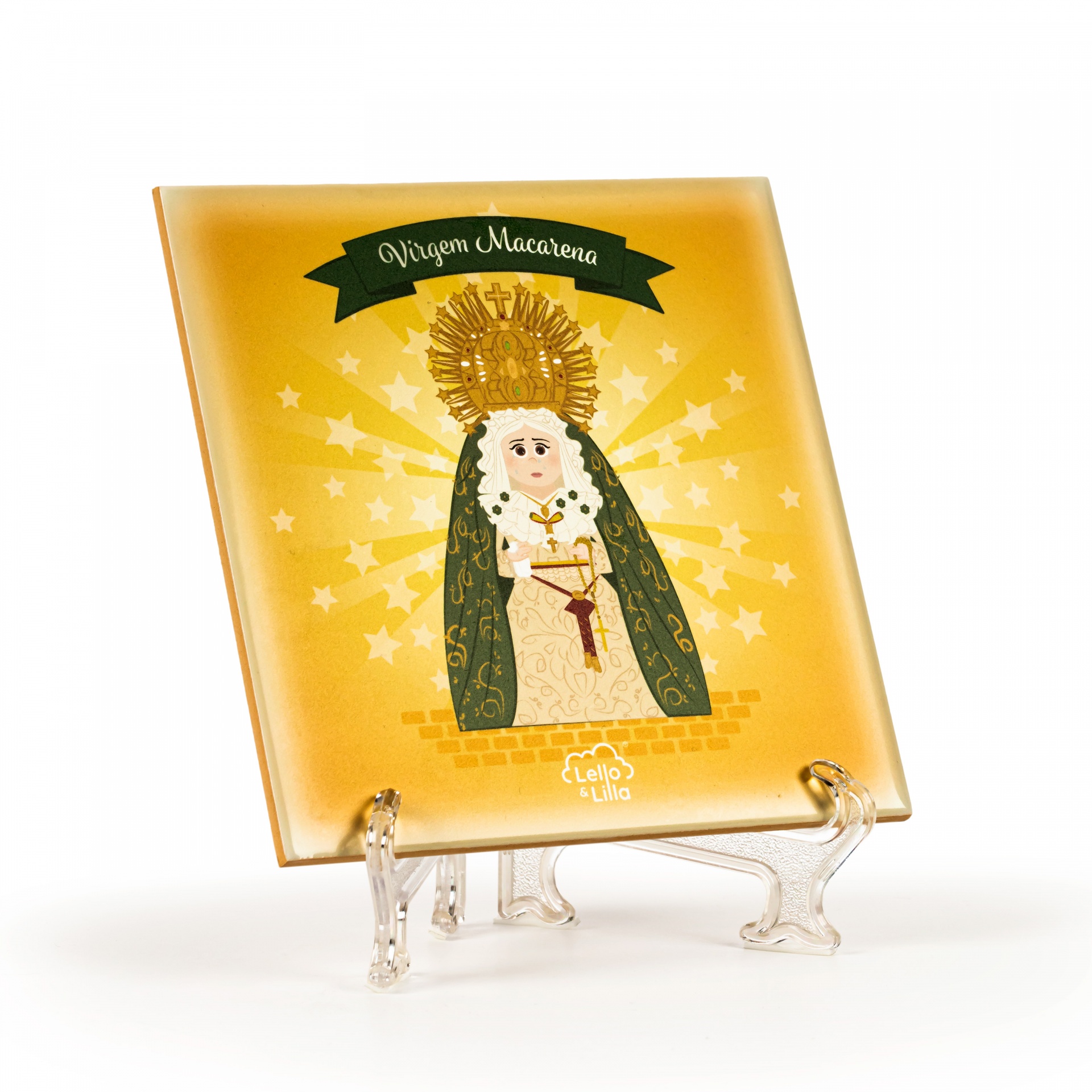 Placa decorativa de vidro com imagem da Virgem Macarena